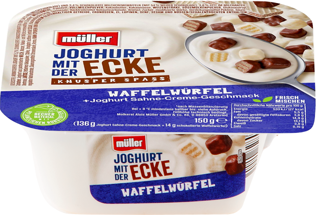 Müller Joghurt mit der Ecke Waffelwürfel