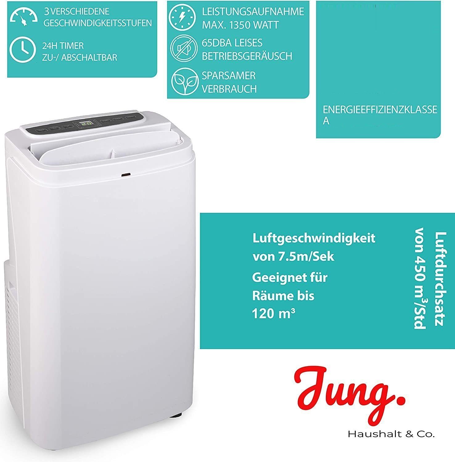JUNG 3-in-1-Klimagerät TV06 mobile Klimaanlage mit Fernbedienung 3.6 KW, mobiles Klimagerät, 12000BTU leise, Abluftschlauch, Timer Airconditioner Luftkühler Mobil