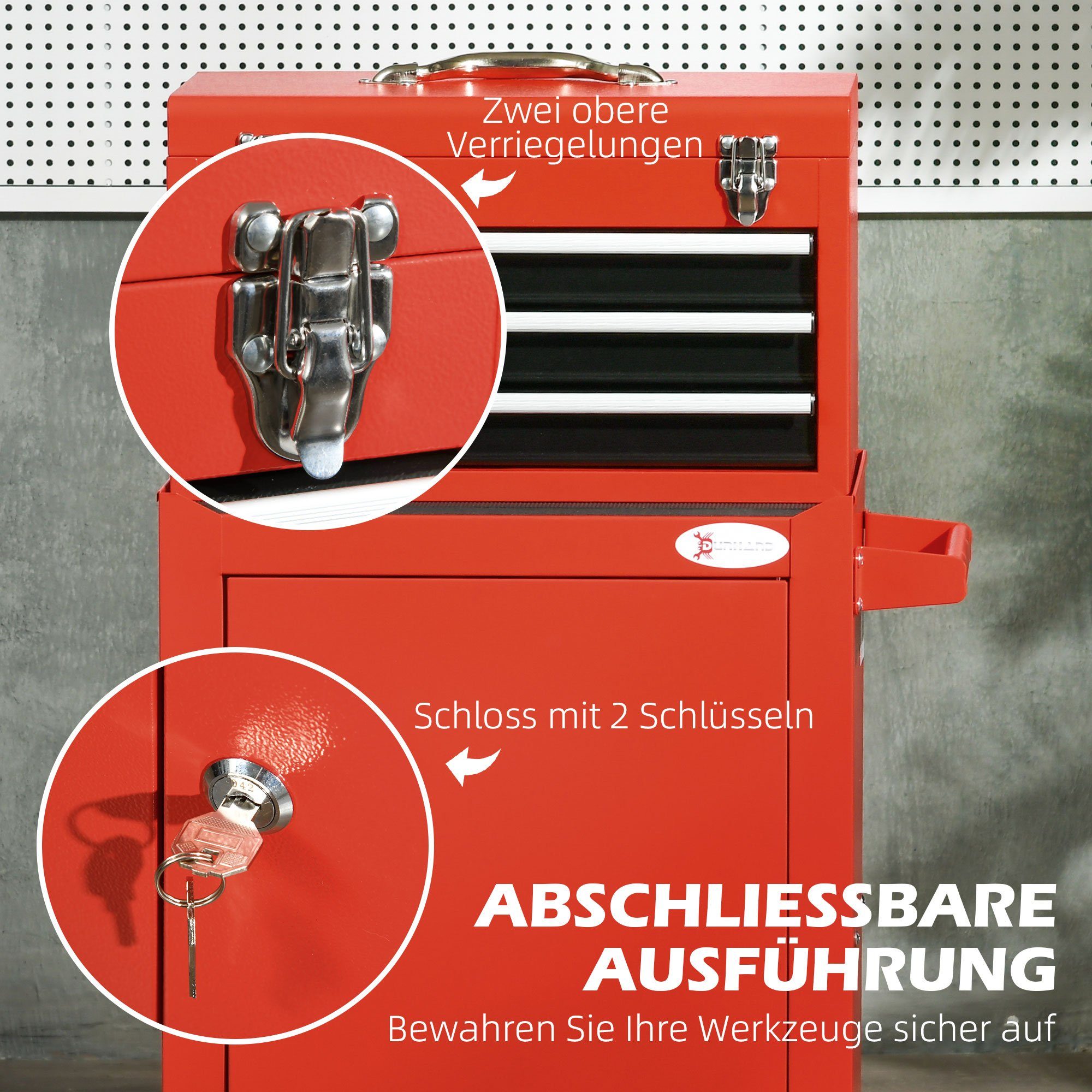 Durhand Werkzeugwagen Werkzeugschrank, Werkzeugkasten Set mit 3 Schubladen, leer, max. Traglast:40 kg, 1-tlg. Werkzeugset, (Werkzeugkiste Set, 1-tlg., Werkzeugkoffer Set), 3-stufig verstellbar