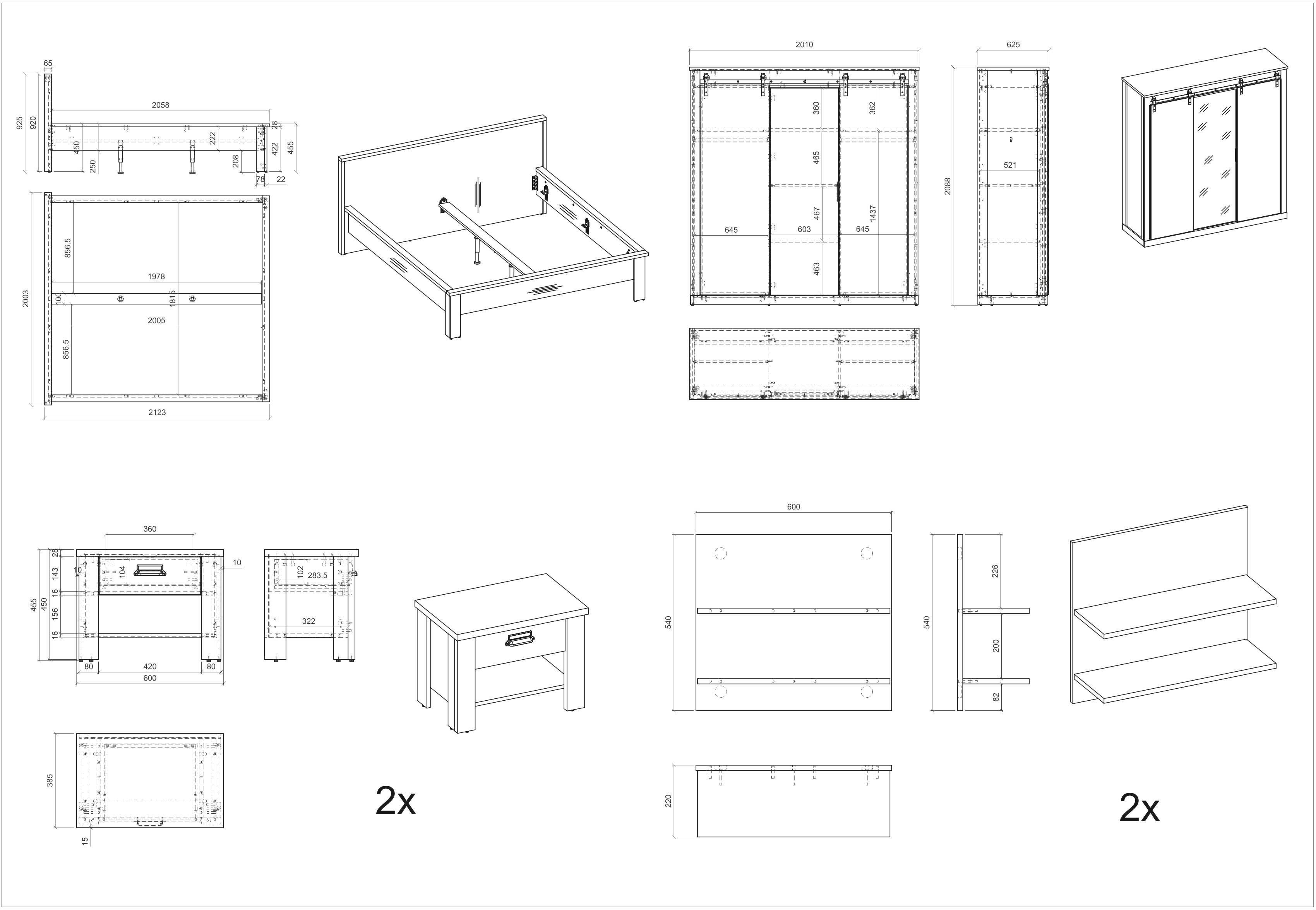 Home affaire Schlafzimmer-Set SHERWOOD, (6-St), Liegefläche 180x200cm, Schrank 3-trg. 201cm breit