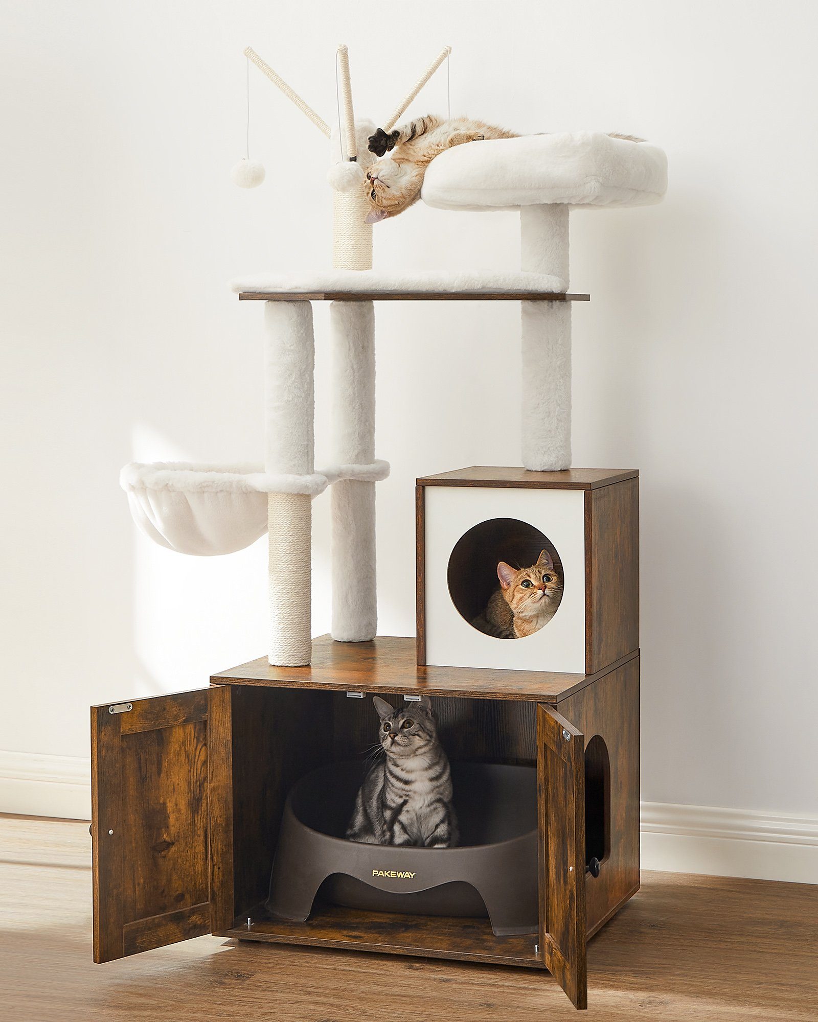 FEANDREA Kratzbaum, mit Katzenklo-Schrank abnehmbaren Plüschbällen 140 cm