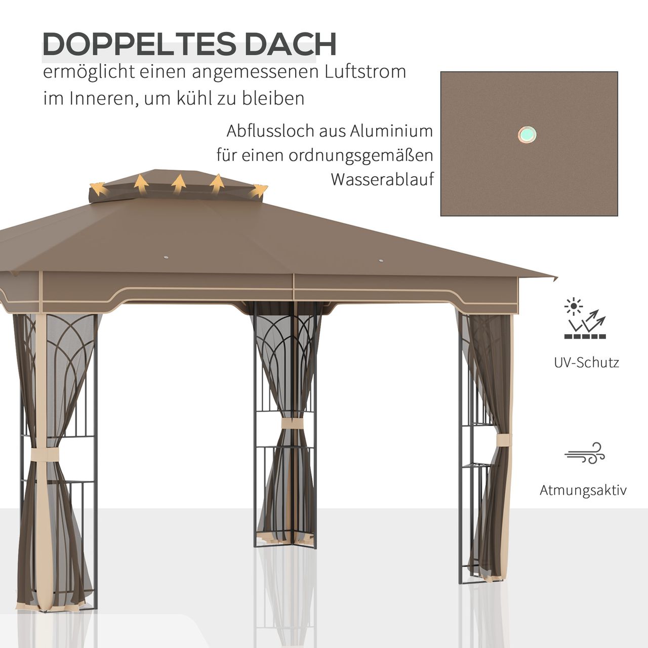 Outsunny Pavillon Gartenpavillon 3,65 x 3 m Gartenzelt Festzelt Partyzelt mit 4 x Moskitonetz atmungsaktivem Doppeldach Metall Polyester Braun Beige