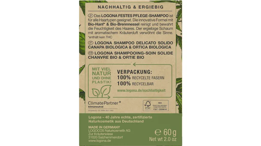 LOGONA Festes Pflege Shampoo Bio-Hanf & Bio-Brennnessel 60 g