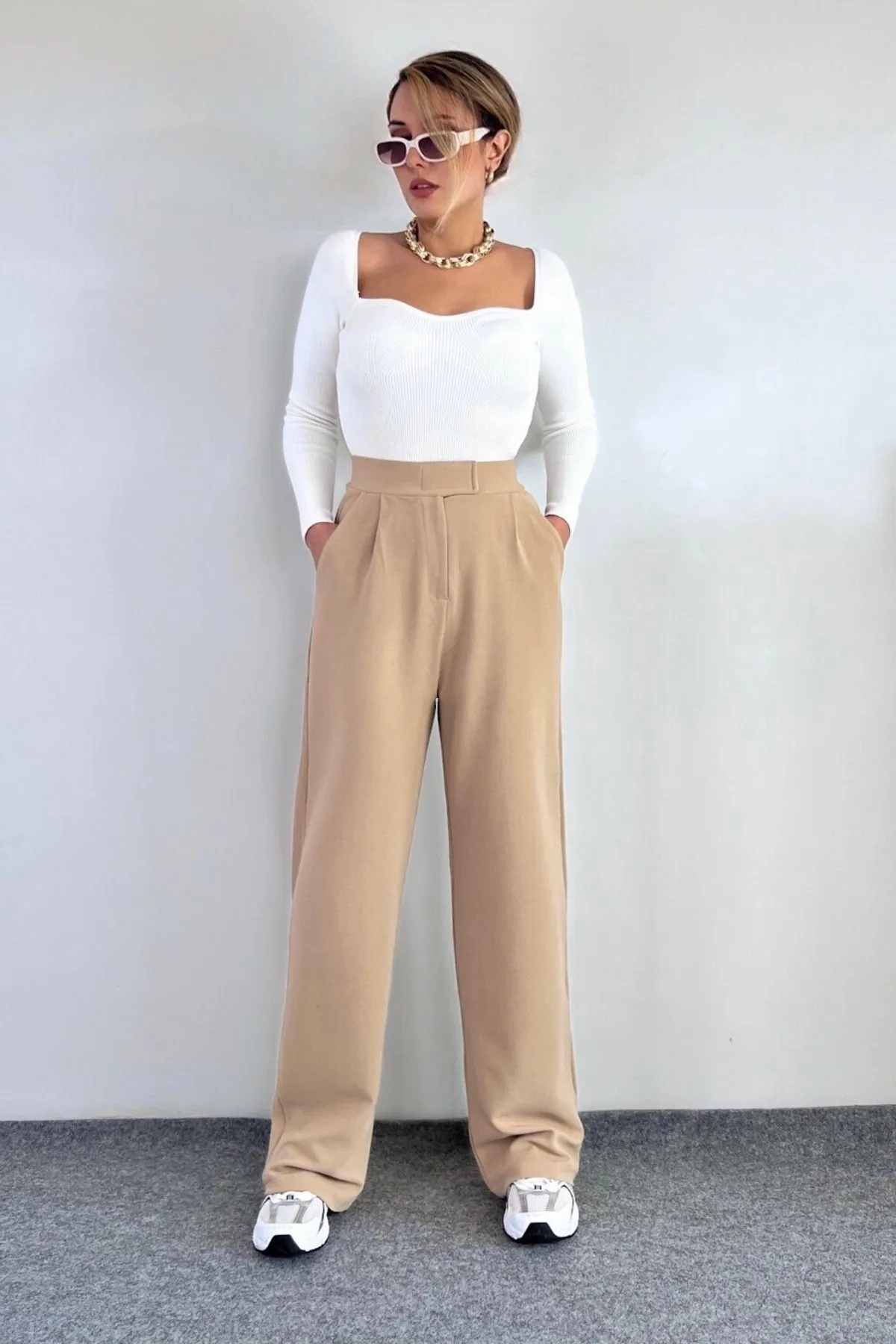 Ritnice  Line Palazzo-Hose aus Lycra für Damen mit Klettverschluss, Beige