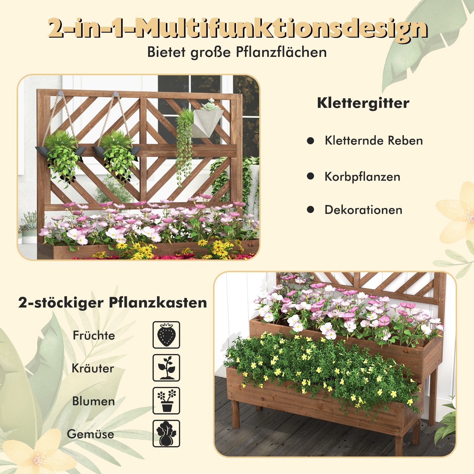 COSTWAY Hochbeet, mit Spalier, 2 Rankkästen und Drainageloch, aus Tannenholz