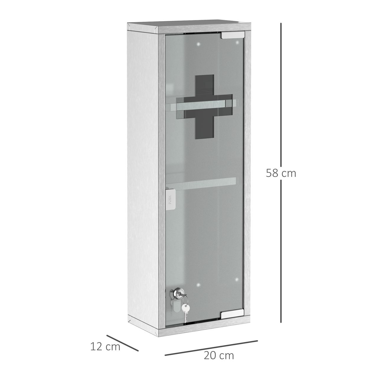 kleankin Medizinschrank Arzneischrank Erste-Hilfe-Schrank mit Schloss 3 Fächer Mattglas 430 Edelstahl gehärtete Glastür Silber 20 x 12 x 58 cm