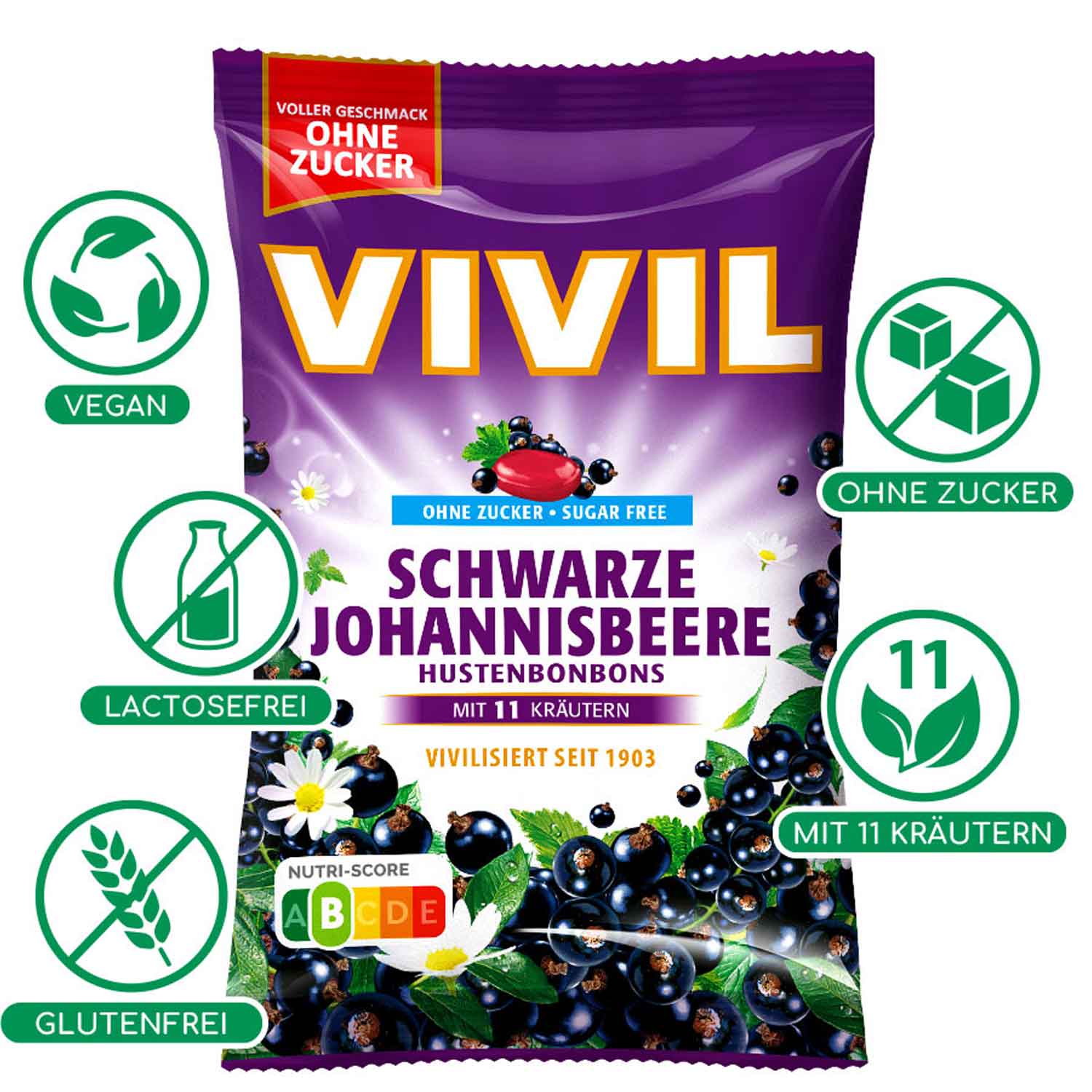 Vivil Hustenbonbons Schwarze Johannisbeere ohne Zucker 120g