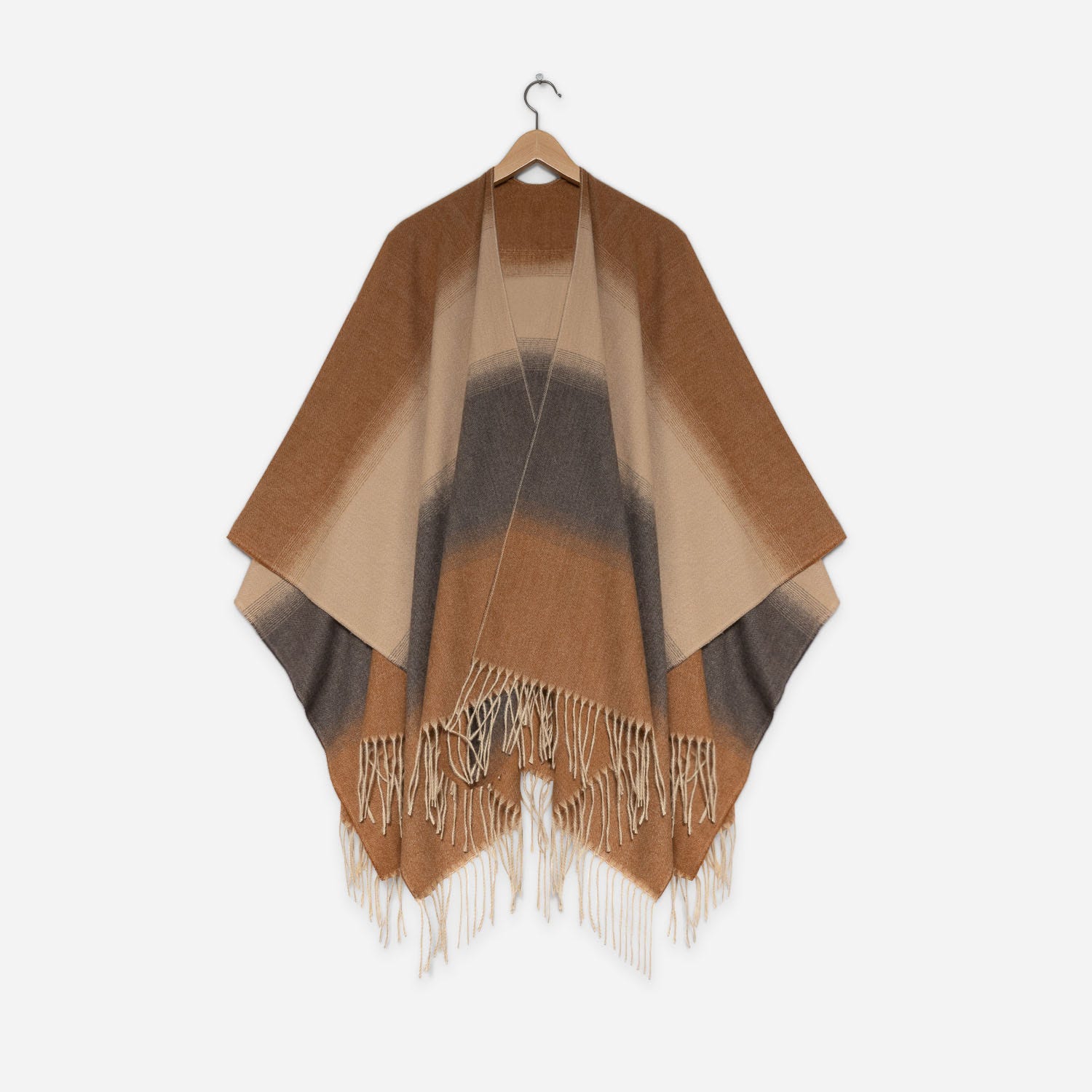 Poncho beige, gris et camel à rayures