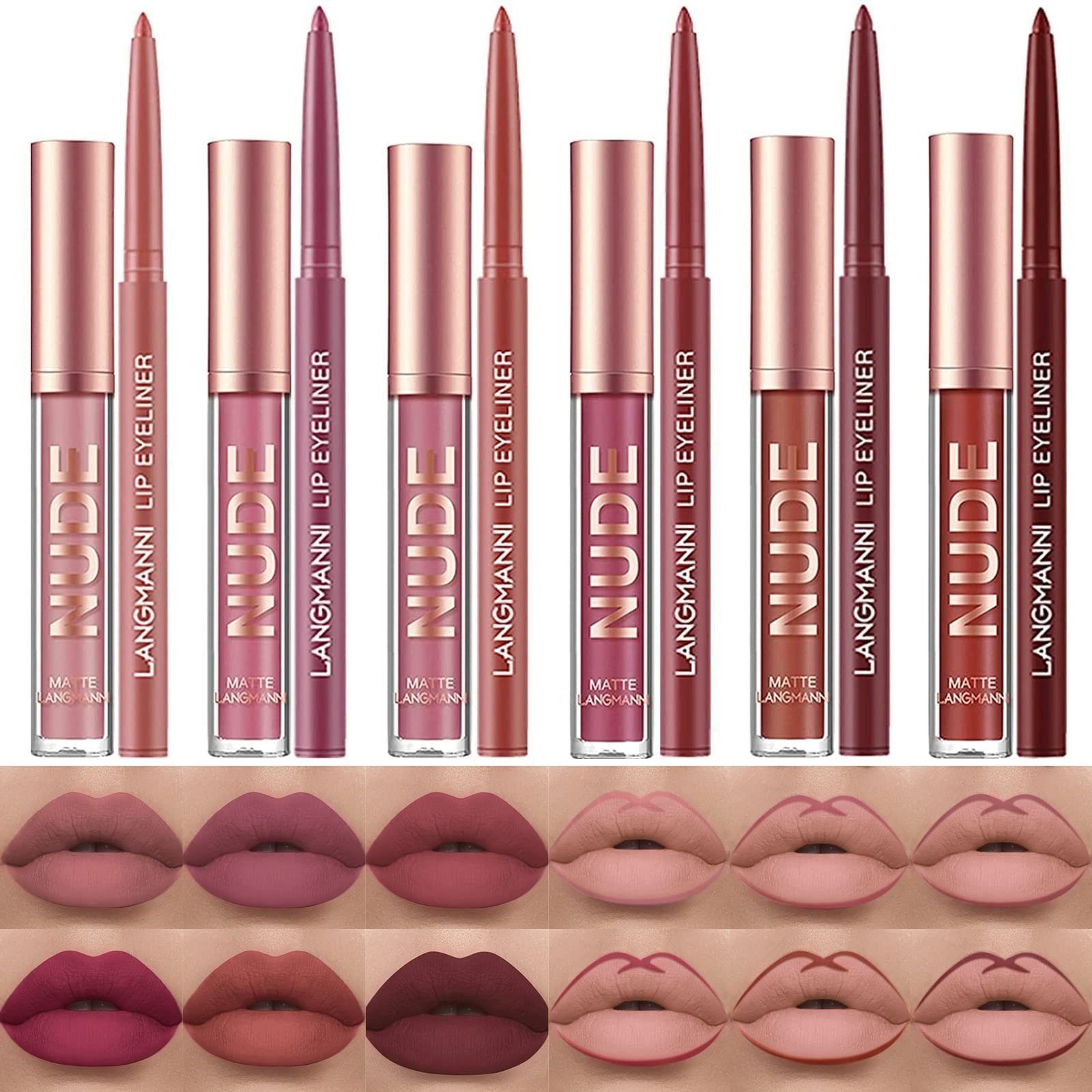 POCHUMIDUU Lippenstift-Set 12 Stück Lipgloss-Set, 6 Lippenstifte mit 6 Lippenkonturenstiften, 12-tlg., Wasserfest, Hochpigmentierter Samt, Lipgloss-Set
