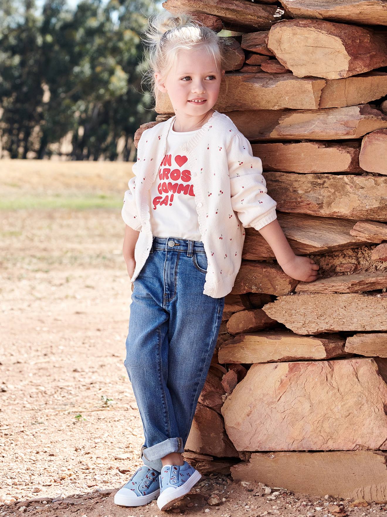 Vertbaudet Gerade Mädchen Jeans, Zierschleife - blue stone