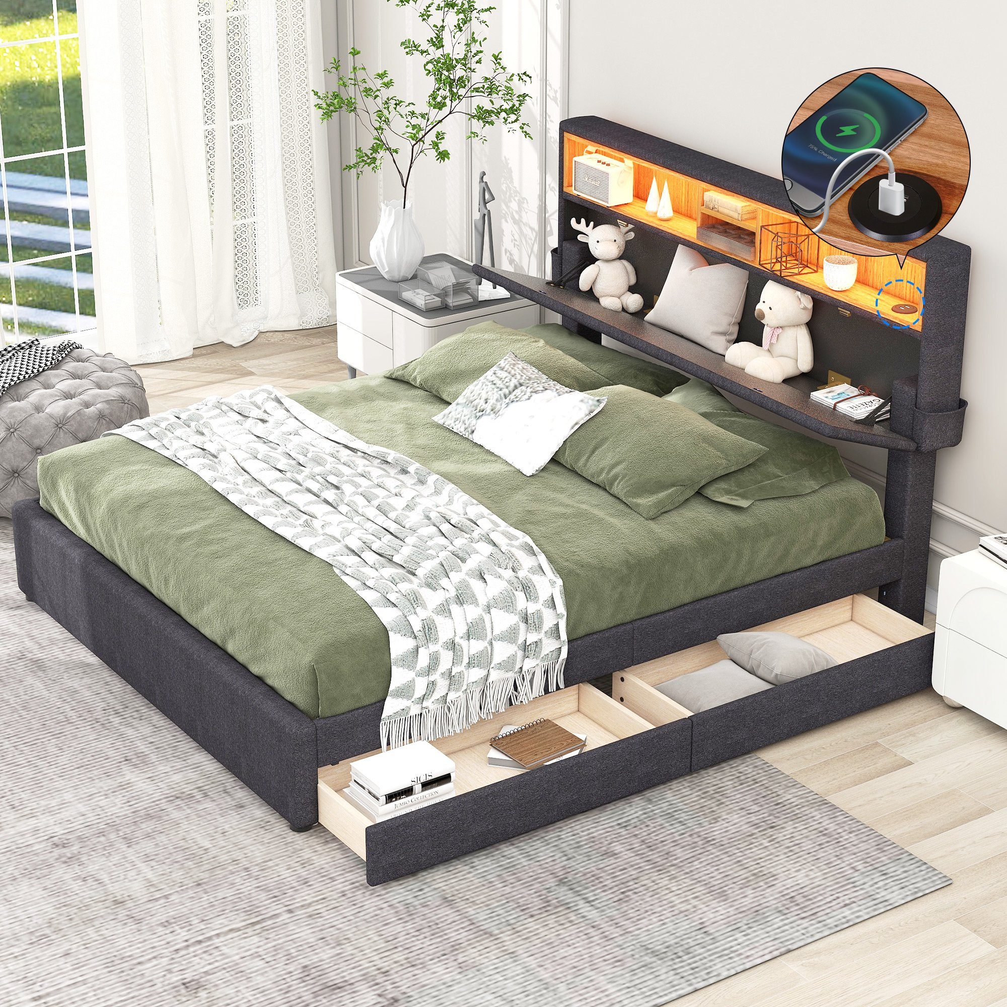 REDOM Polsterbett LED Doppelbett USB Steckdose Schubladen 140x200cm