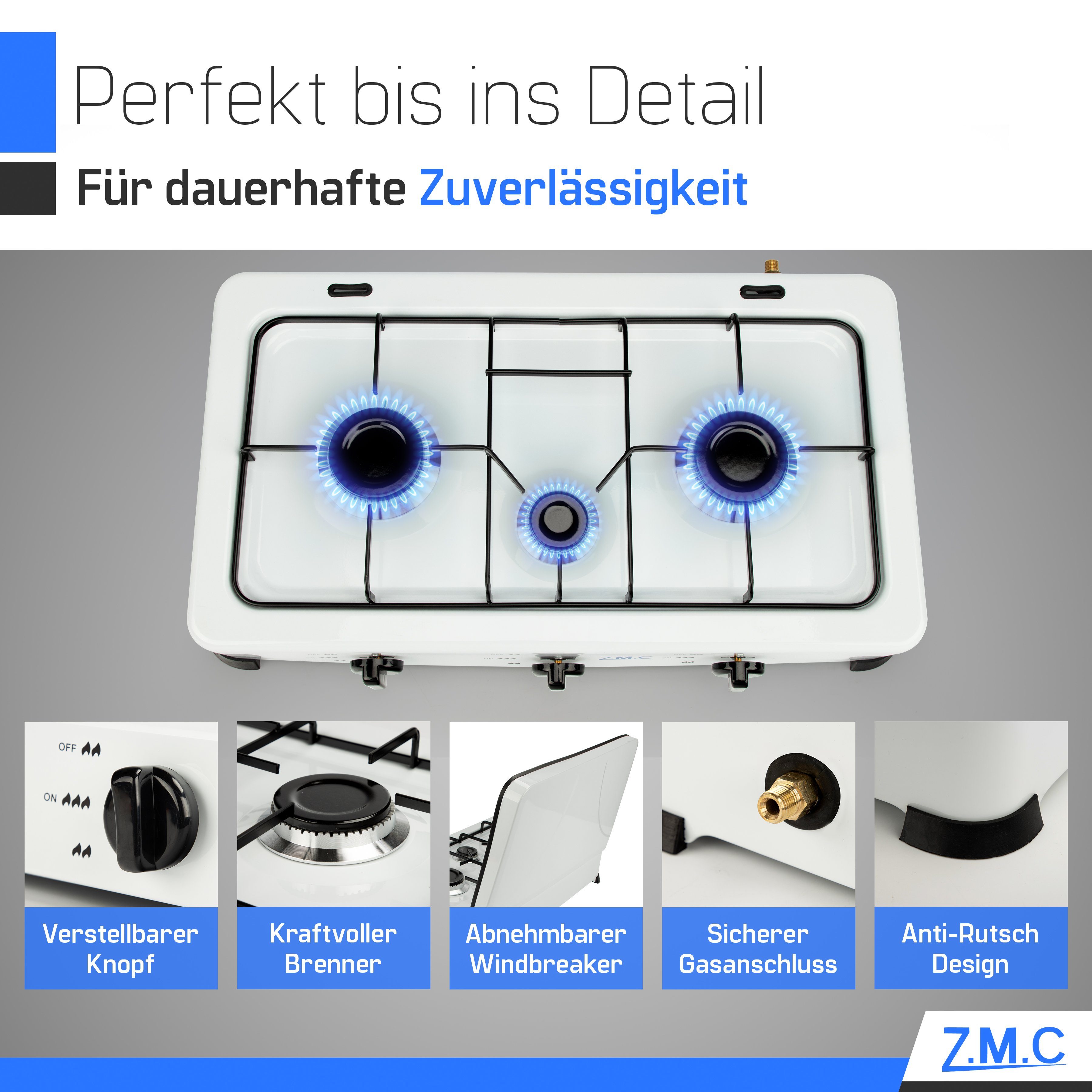 ZMC Gaskocher Tragbarer Gaskocher Campingkocher 3-flammig inkl. Schlauch und Regler, 5,4 kW 50 mBar Outdoor Gasherd Kochfeld Herd Propangas Tischkocher