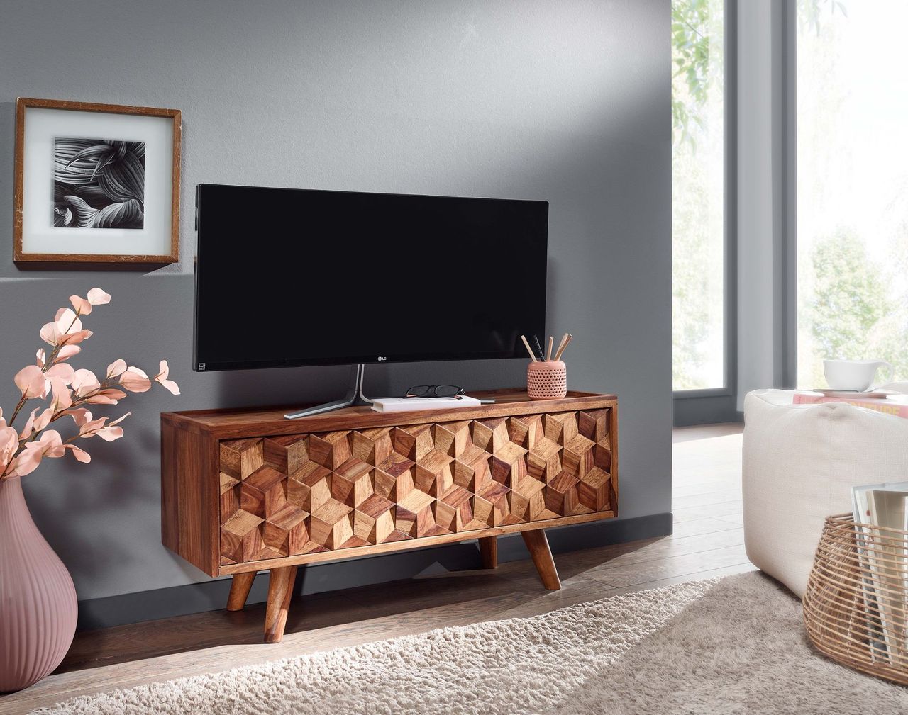 Skyport WOHNLING TV Schrank 92x44x35 cm Holz Lowboard Fernsehkommode Fernsehschrank