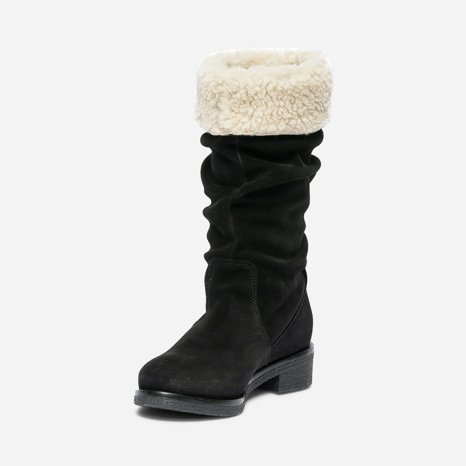 Botte noire en cuir velours éco-conçu plissé et fourré