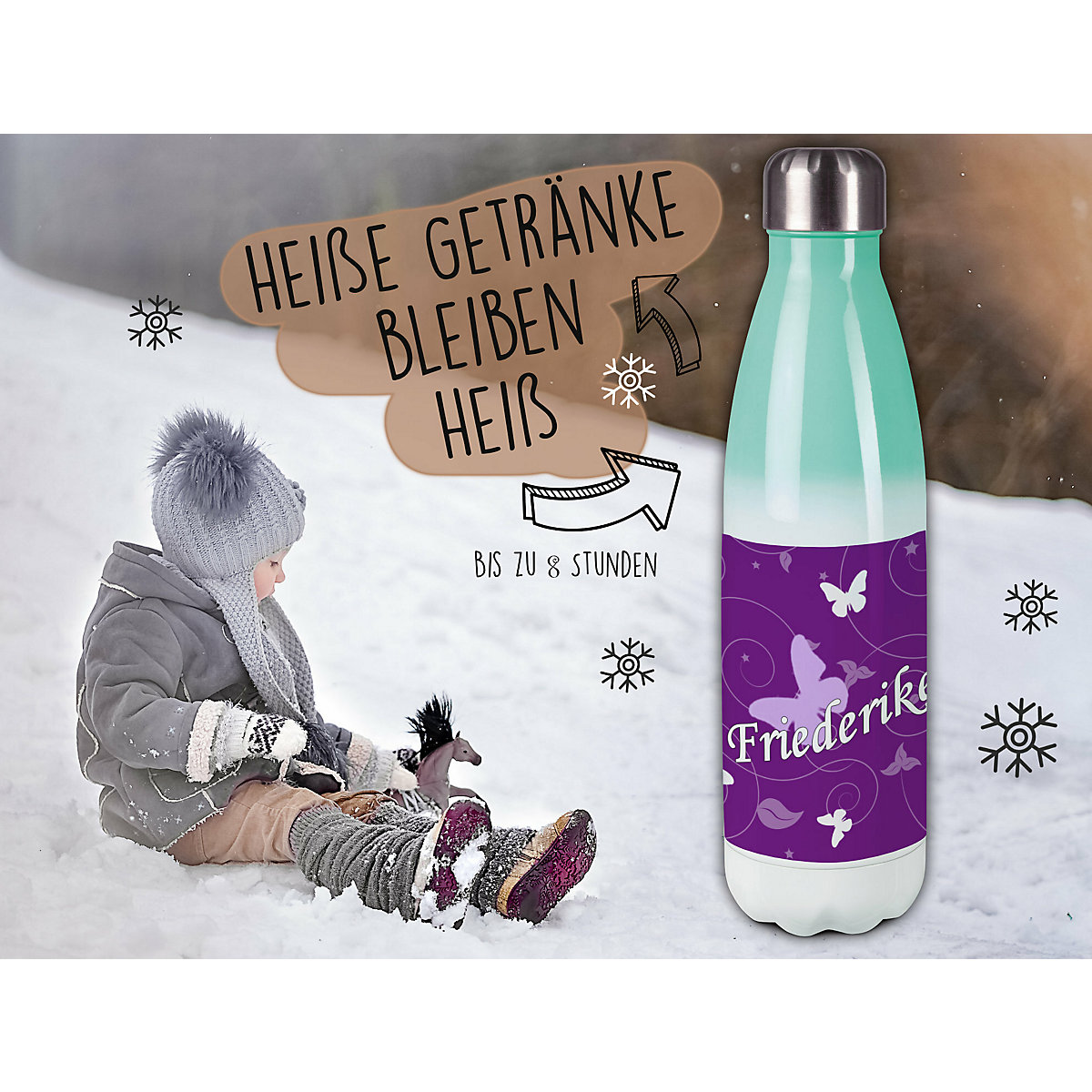 Edelstahl Kinder Thermoflasche / Trinkflasche bunt Schmetterling Ornamente Farbe lila Spülmaschinenfest, Auslaufsicher, Bruchfest, Doppelwandig, Für Heißgetränke geeignet, Mit Deckel, Isoliert