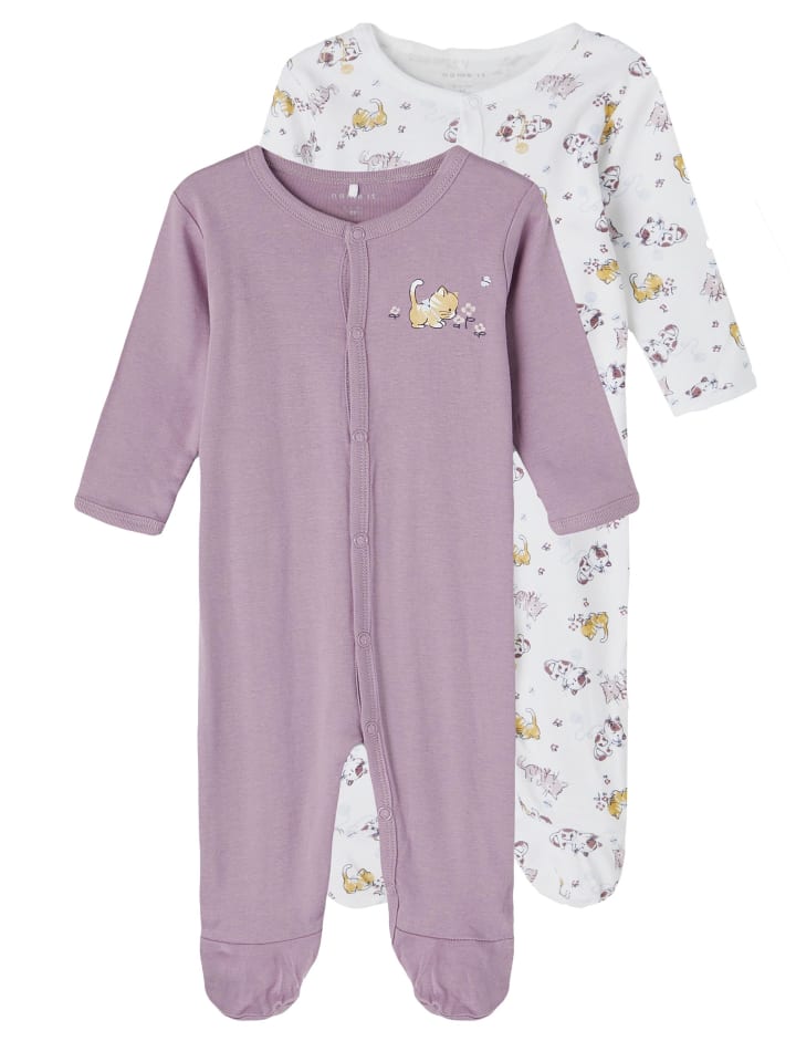 name it Mädchen Schlafstrampler mit Knopf und Katzenmotiv in Lila günstig kaufen