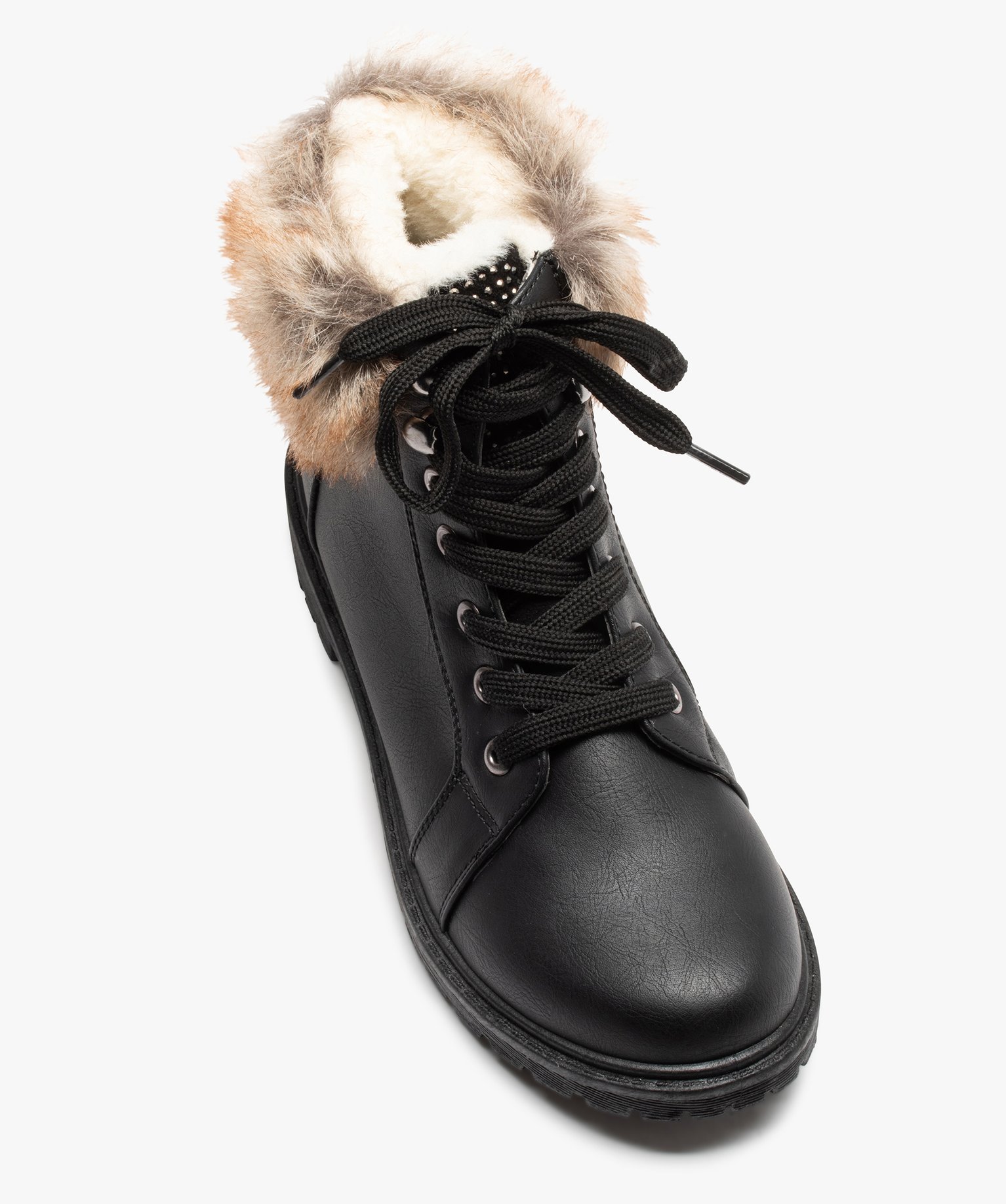 Boots fourrées femme col peluche et fermeture lacets noir | GEMO