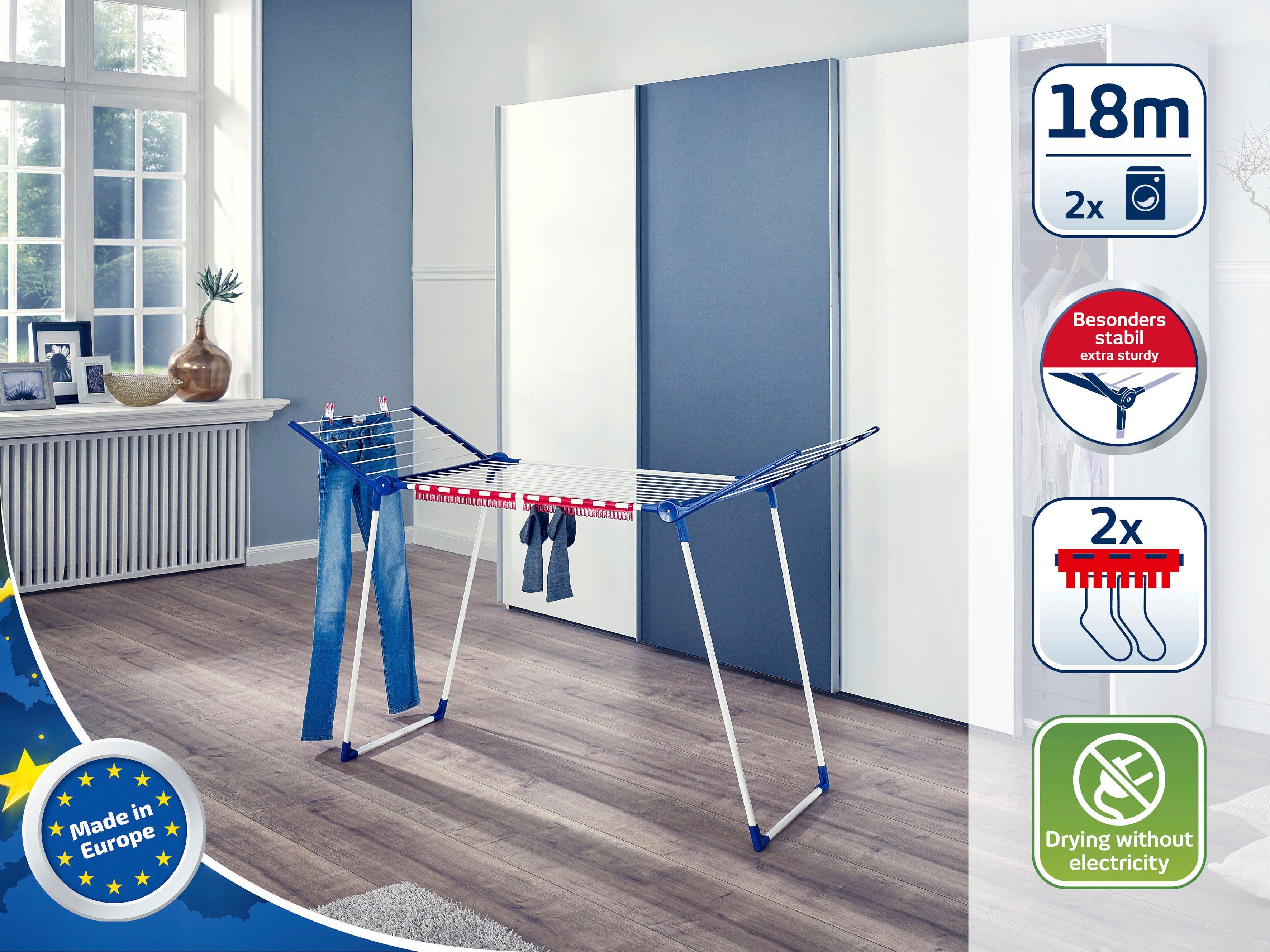 Leifheit Wäscheständer Pegasus 180 Solid, 18 m Trockenlänge, 2 Kleinteilehalter