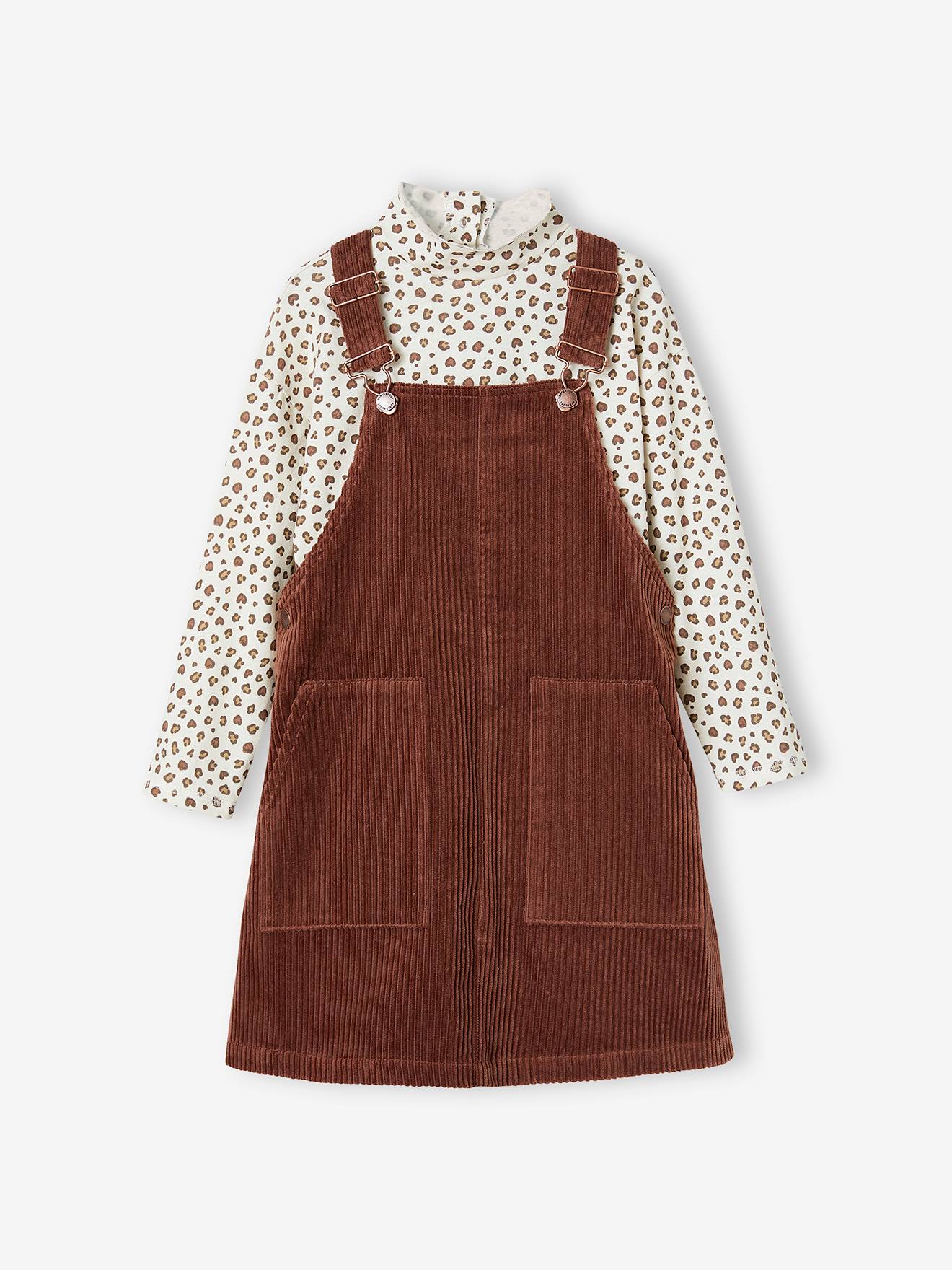 Ensemble t-shirt + robe salopette en velours fille chocolat