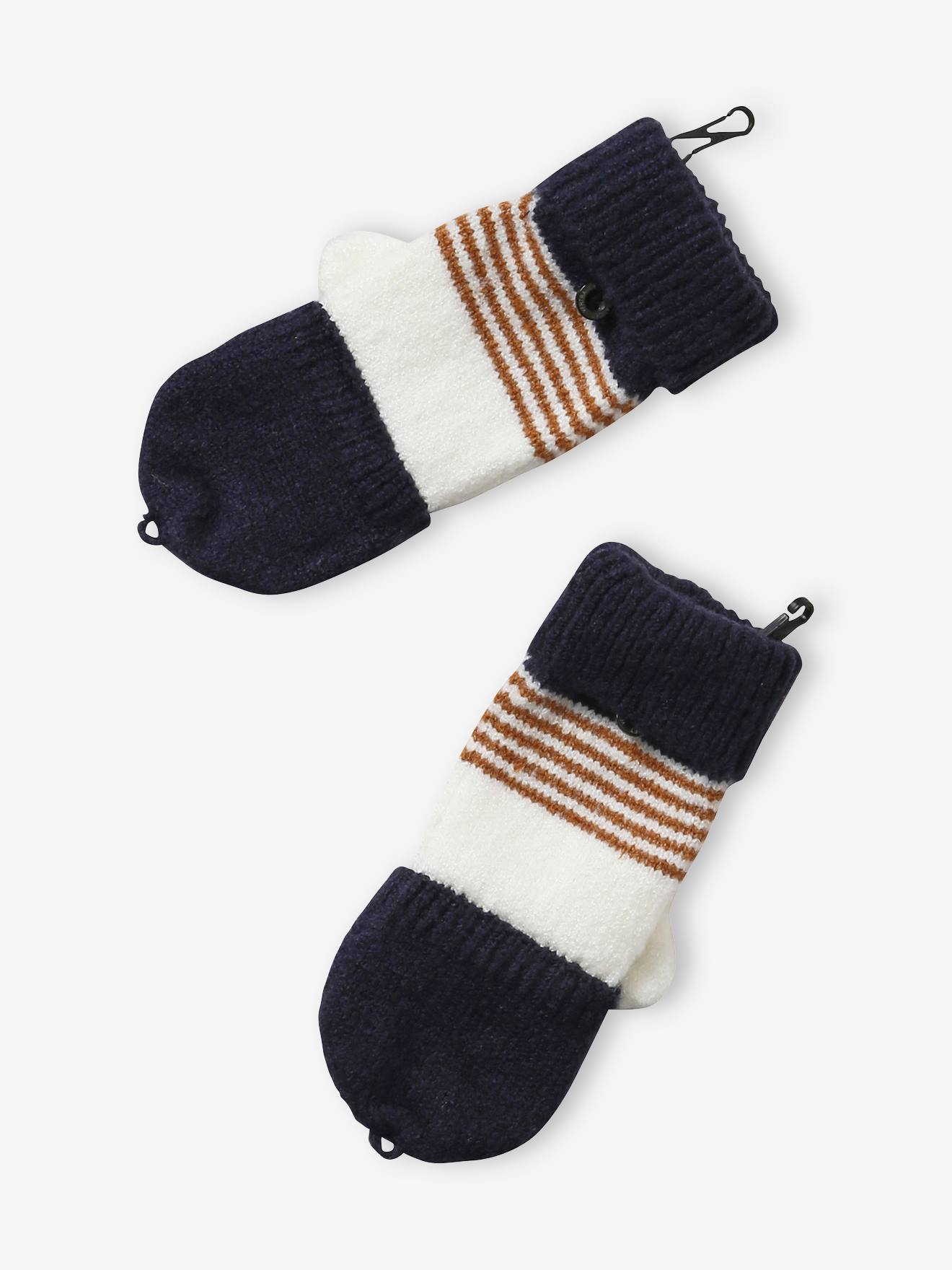Vertbaudet Jungen Strick-Set: Mütze, Rundschal & Handschuhe, Streifen - marine
