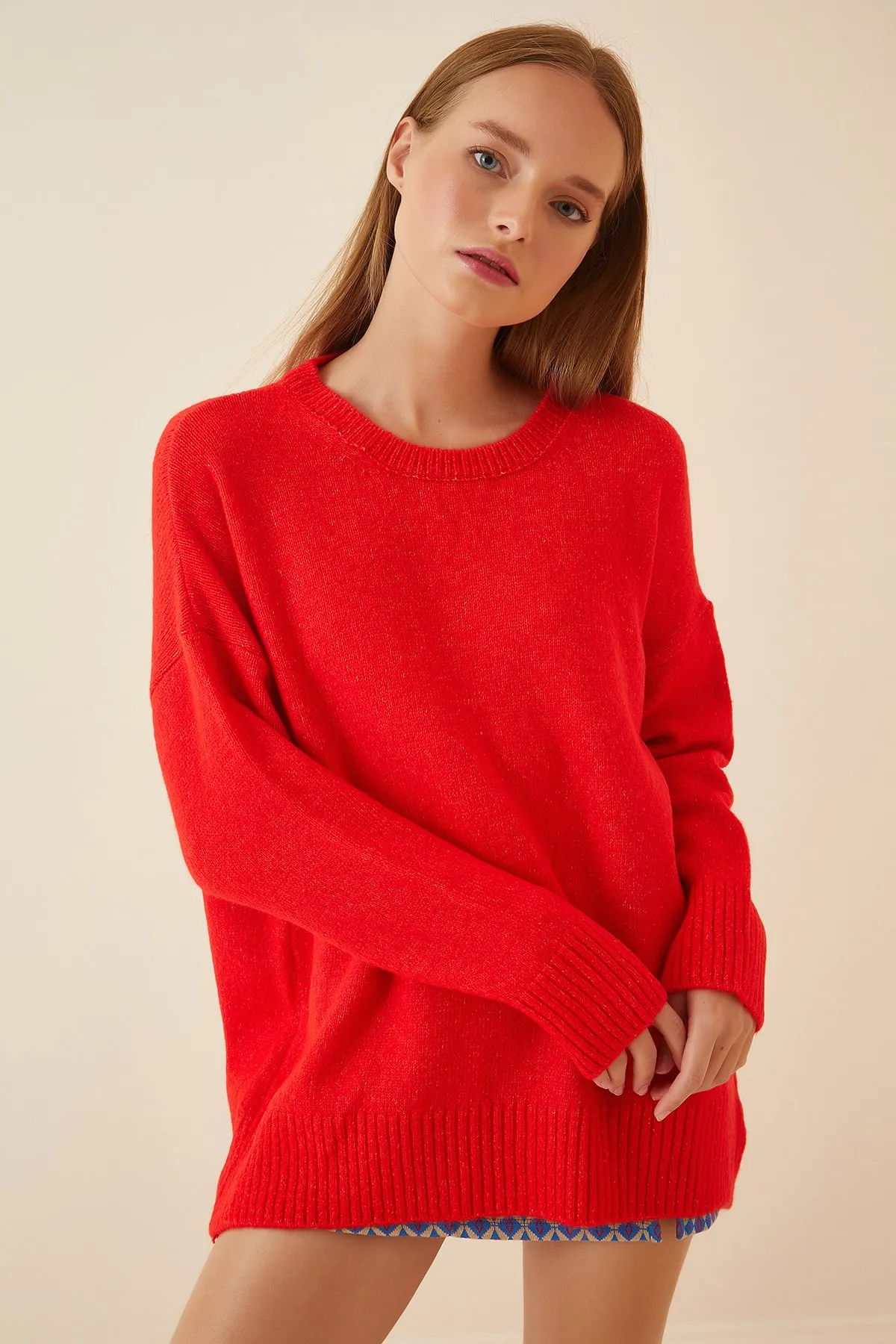 Happiness İstanbul  Übergroßer Strickpullover Live Red für Damen PN00054