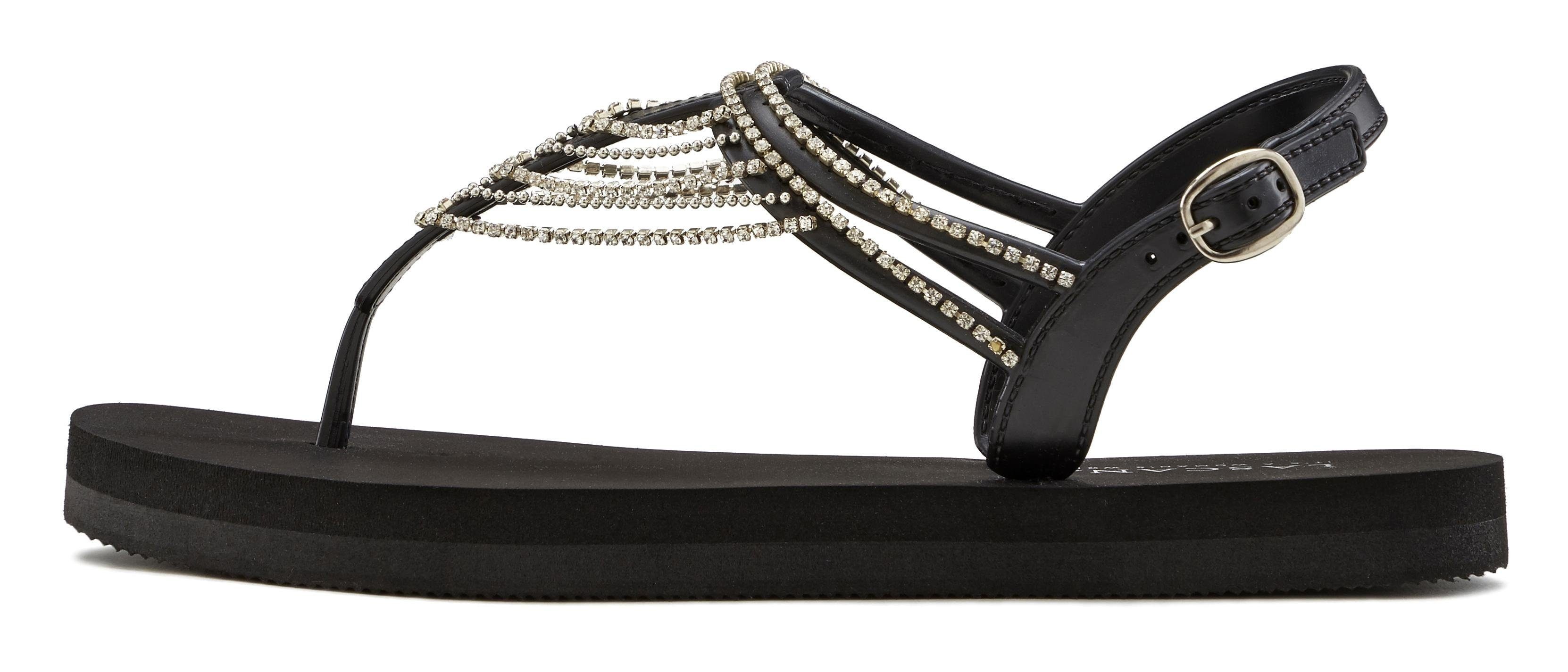 LASCANA Badesandale Sandale, Badeschuh, Sommerschuh, Zehentrenner mit Strass-Kette VEGAN