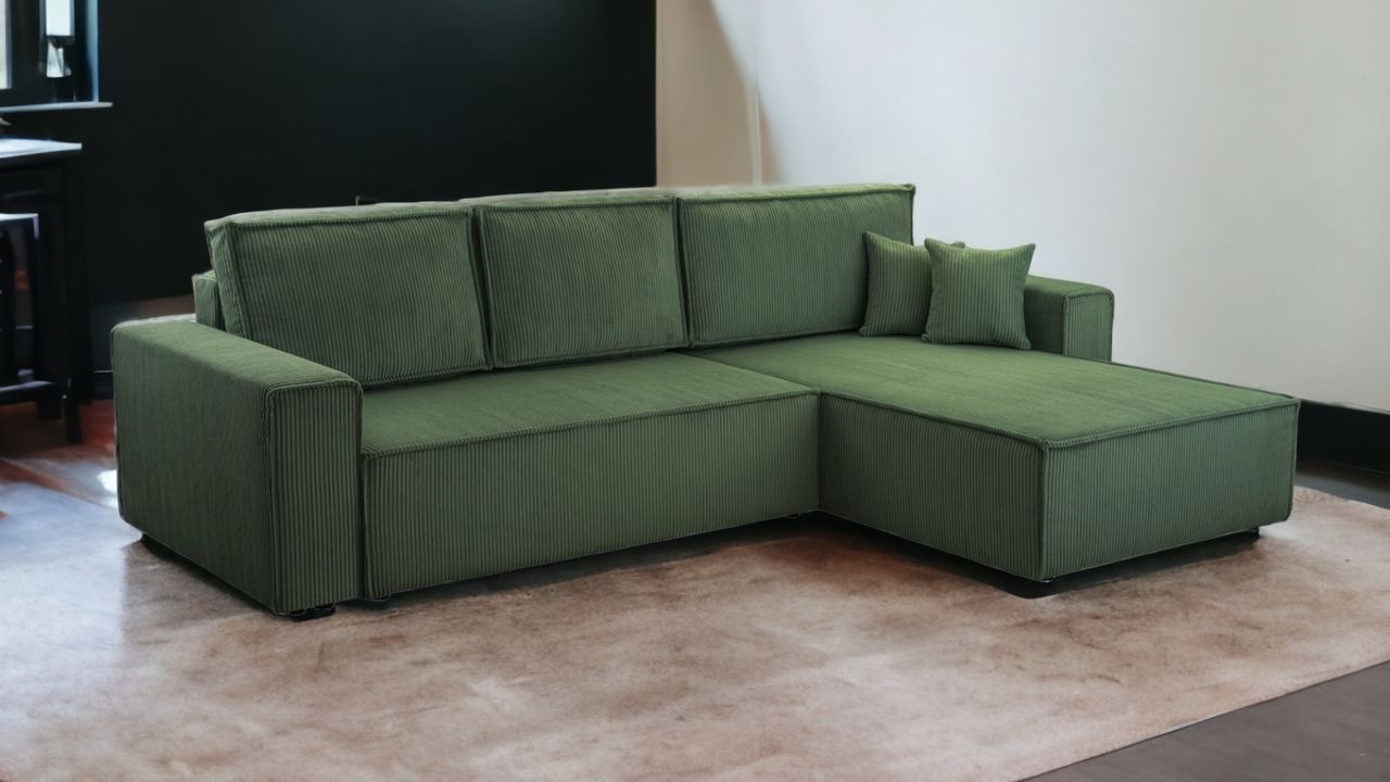 Möbel Punkt Wohnlandschaft Ecksofa Dark Green Genf Cord XL mit Bett Kopfteilverstellung Bett Sofa Schlafsofa Ottomane rechts links universell