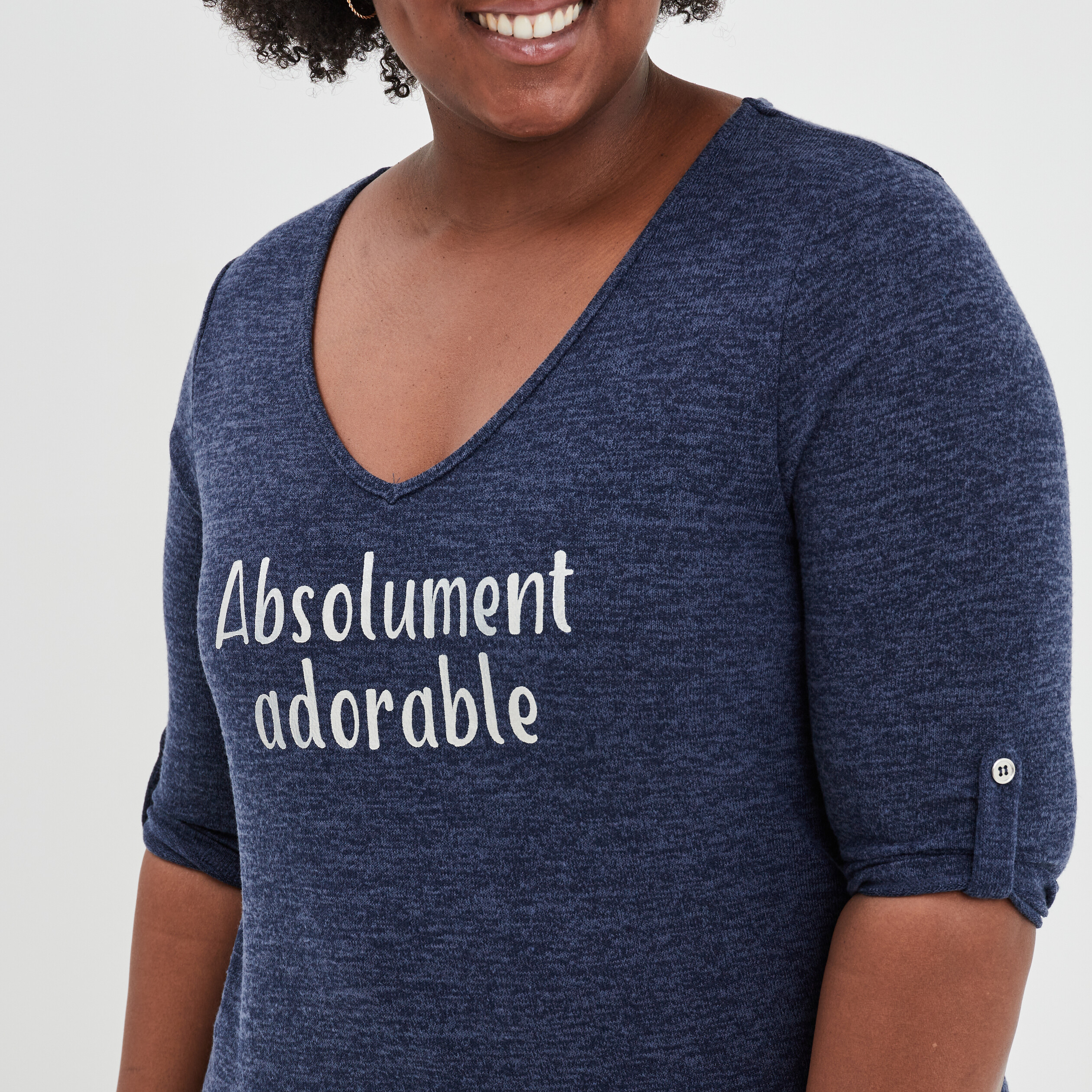 Pull col en V manches 3 4 bleu marine femme grande taille | La Halle