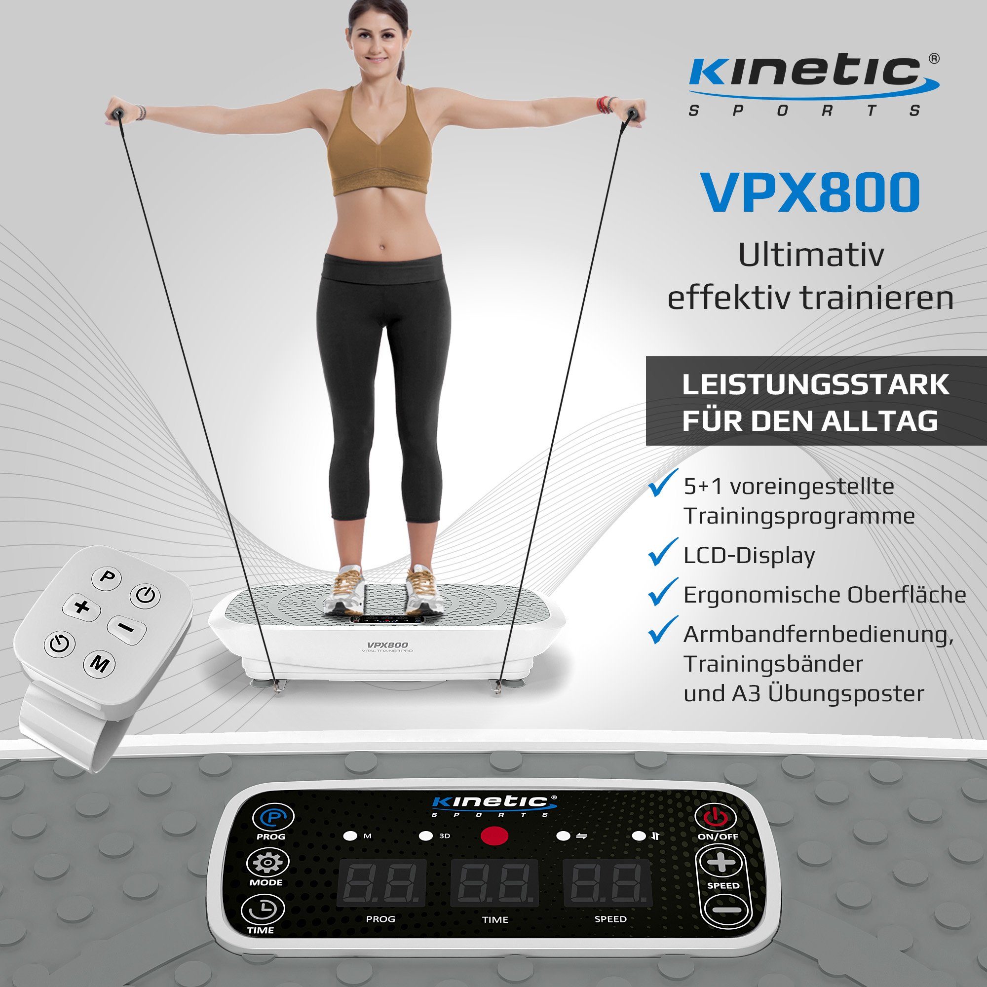 Kinetic Sports Vibrationsplatte VPX800, 1000,00 W, 198 Intensitätsstufen, (Vibrationsplatte 2 Motoren mit Trainingsbänder und Übungsposter), Intensitätsstufen 198, Vibrationstyp 3D, Fernbedienung & Trainingsband