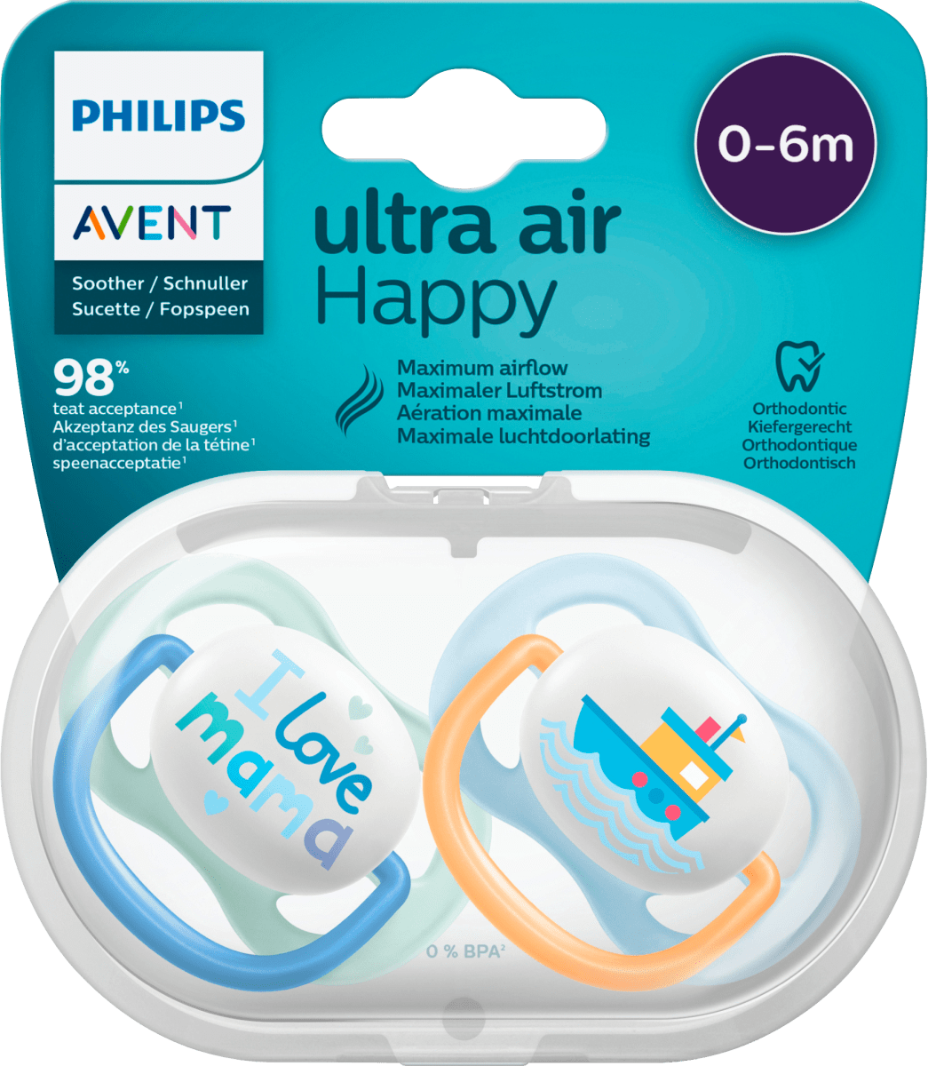 Schnuller ultra air happy Silikon, blau/gelb, 0-6 Monate, 2 St