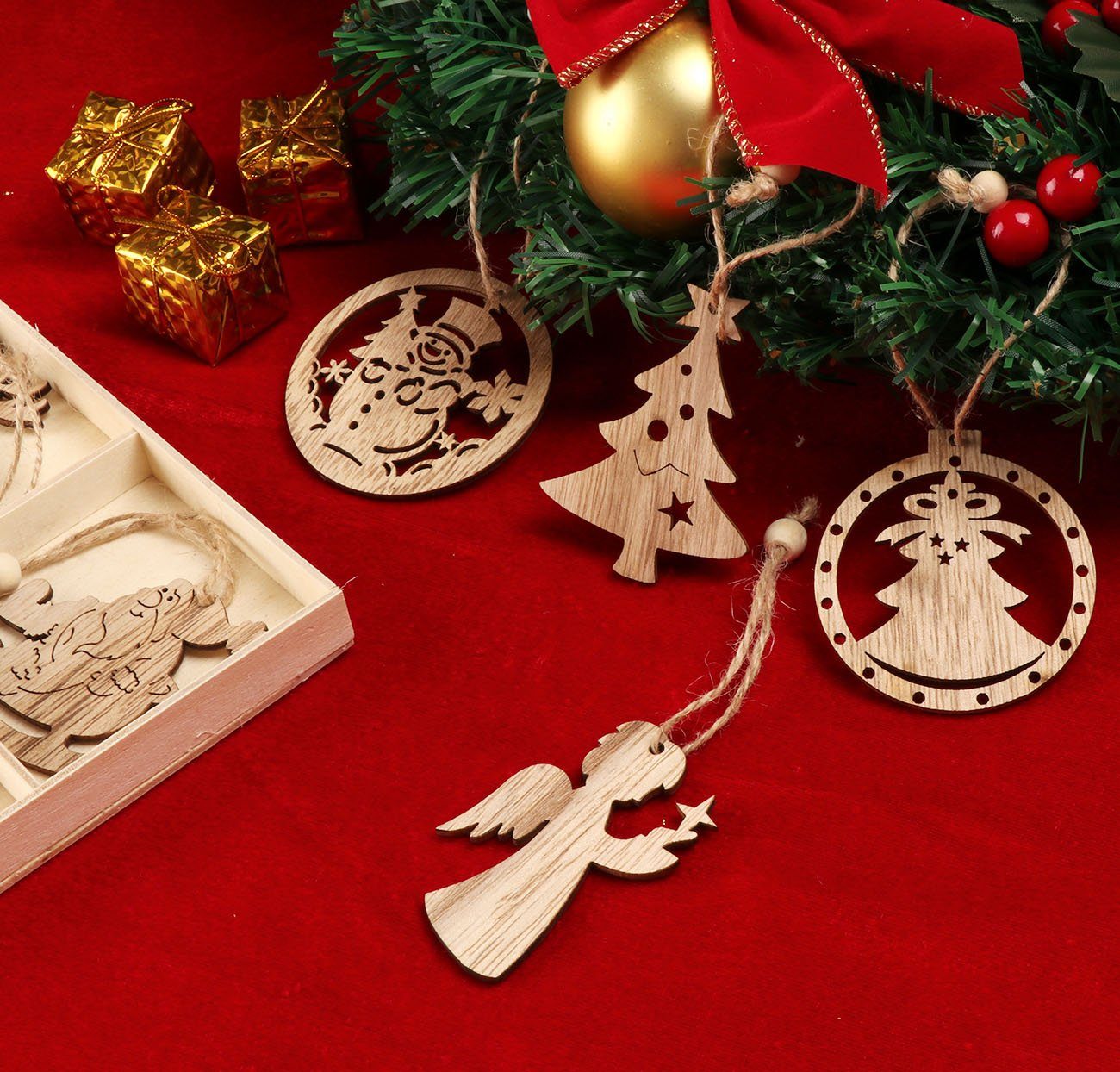 Homewit Christbaumschmuck Personalität Weihnachtsbaum Deko Mit Hanfseil, beweglichen Holzperlen (12-tlg), für DIY Basteln Geschenk Weihnachtsdeko