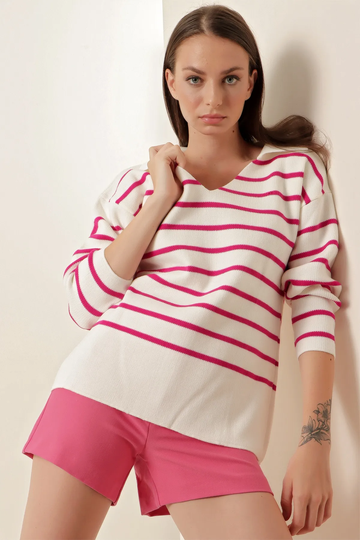 Bigdart  15778 Gestreifter Oversize-Pullover – Fuchsia