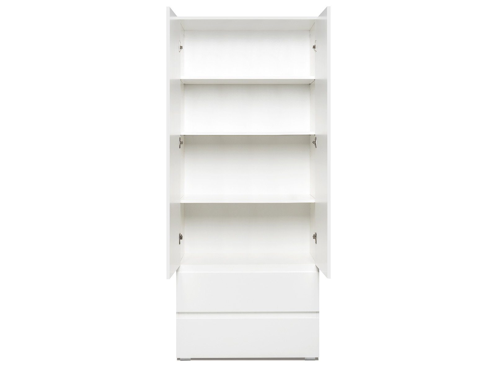 möbelando Mehrzweckschrank Ravenna Moderner Mehrzweckschrank aus melaminharzbeschichteter Spanplatte in Weiß-matt mit 2 Türen, 2 Schubkästen und 3 Einlegeböden. Breite 80 cm, Höhe 191 cm, Tiefe 40 cm.