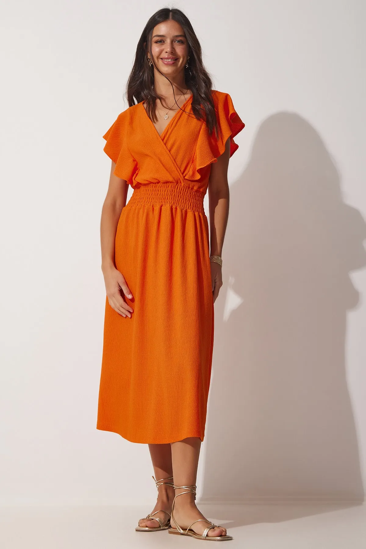 Happiness İstanbul  Strukturiertes Strickkleid mit Volant in Orange für Damen CI00025