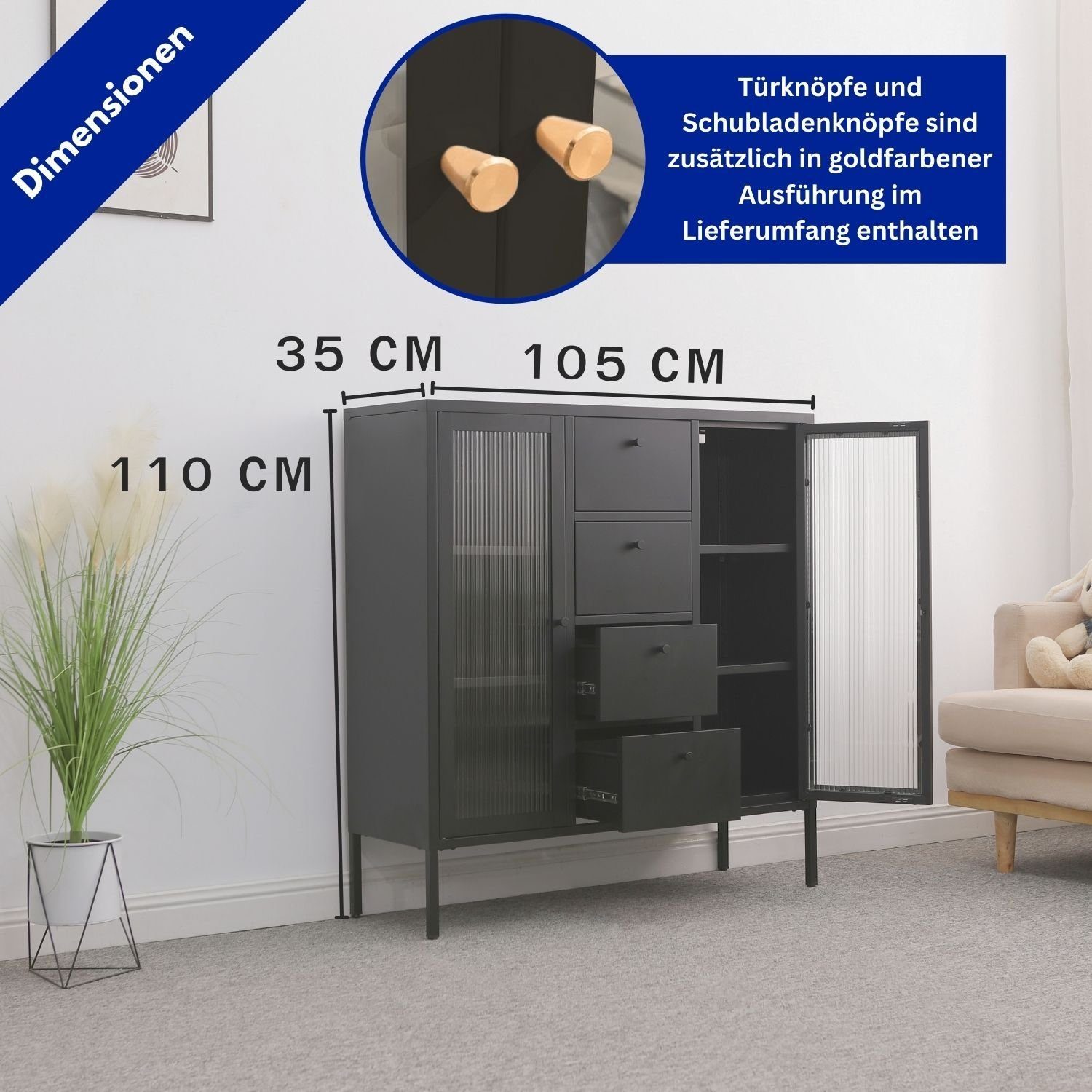 Mein-Regal Highboard, Highboard Paris Schwarz Metall 2 Glastüren, 4 Schubladen Einlegeböden