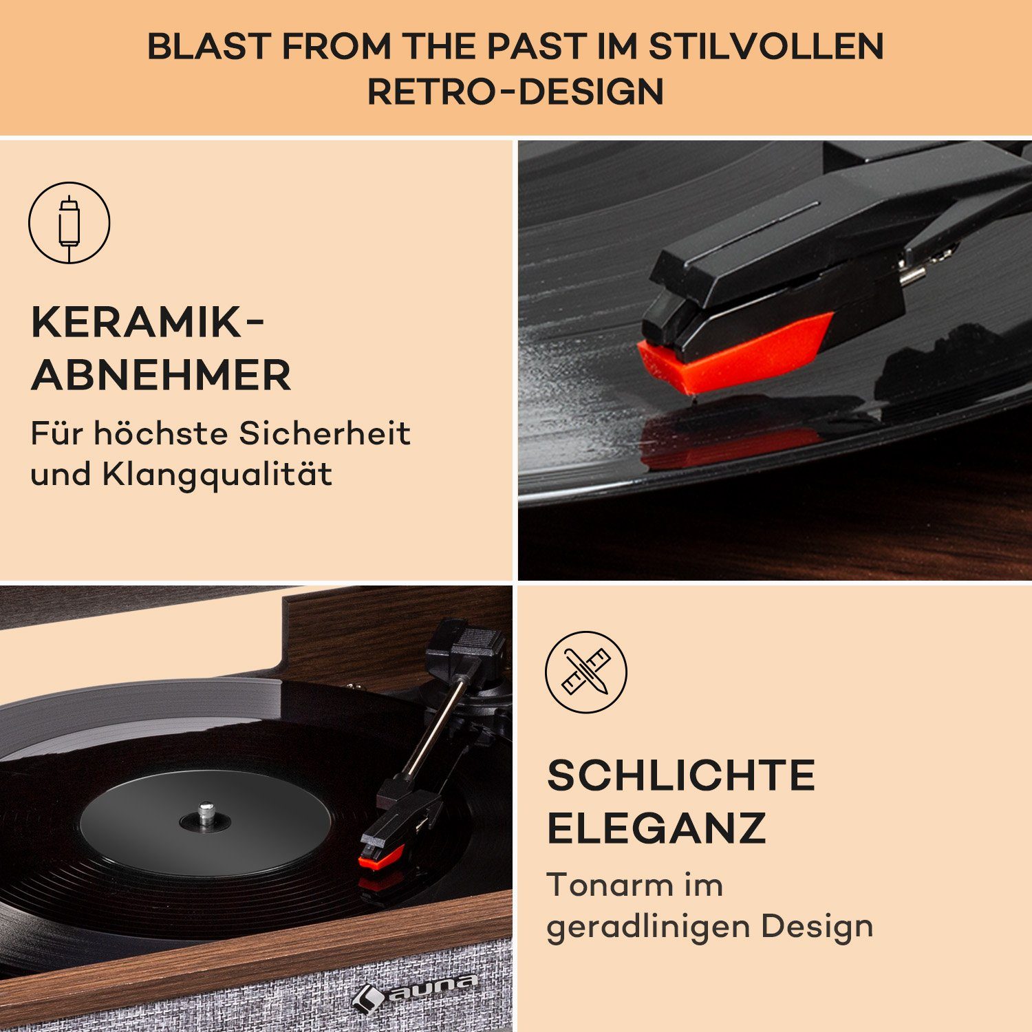 Auna Julie Ann Plattenspieler (Riemenantrieb, Bluetooth;CD, Schallplattenspieler mit Lautsprecher Radio Vinyl Plattenspieler)