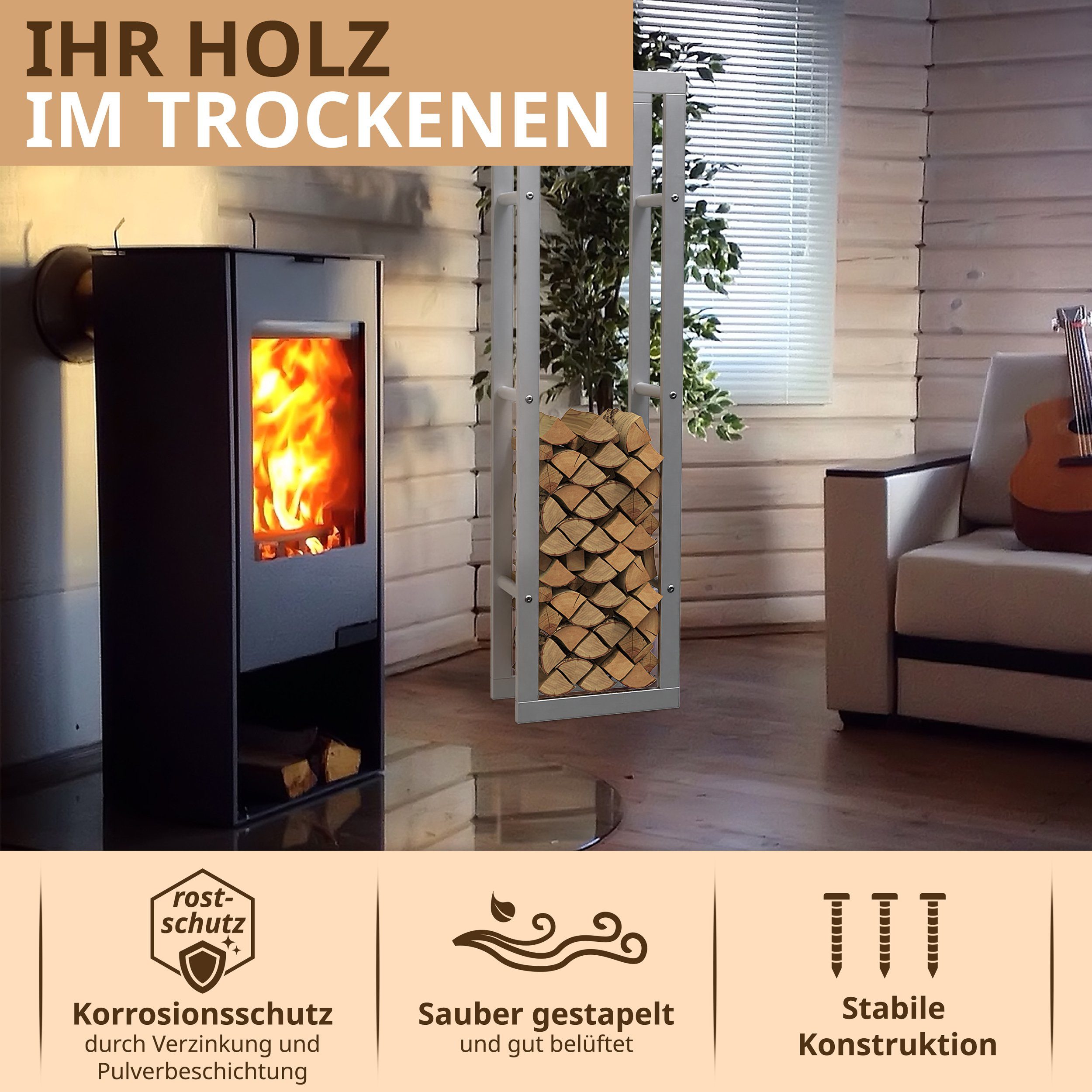 LAWA Living and Lifestyle Kaminholzregal Metall Feuerholzregal innen Kaminholzhalter Stapelhilfe Brennholz, BxTxH:40x25x150 cm, verzinkt / galvanisiert, pulverbeschichtet, stehend, liegend, SILBER
