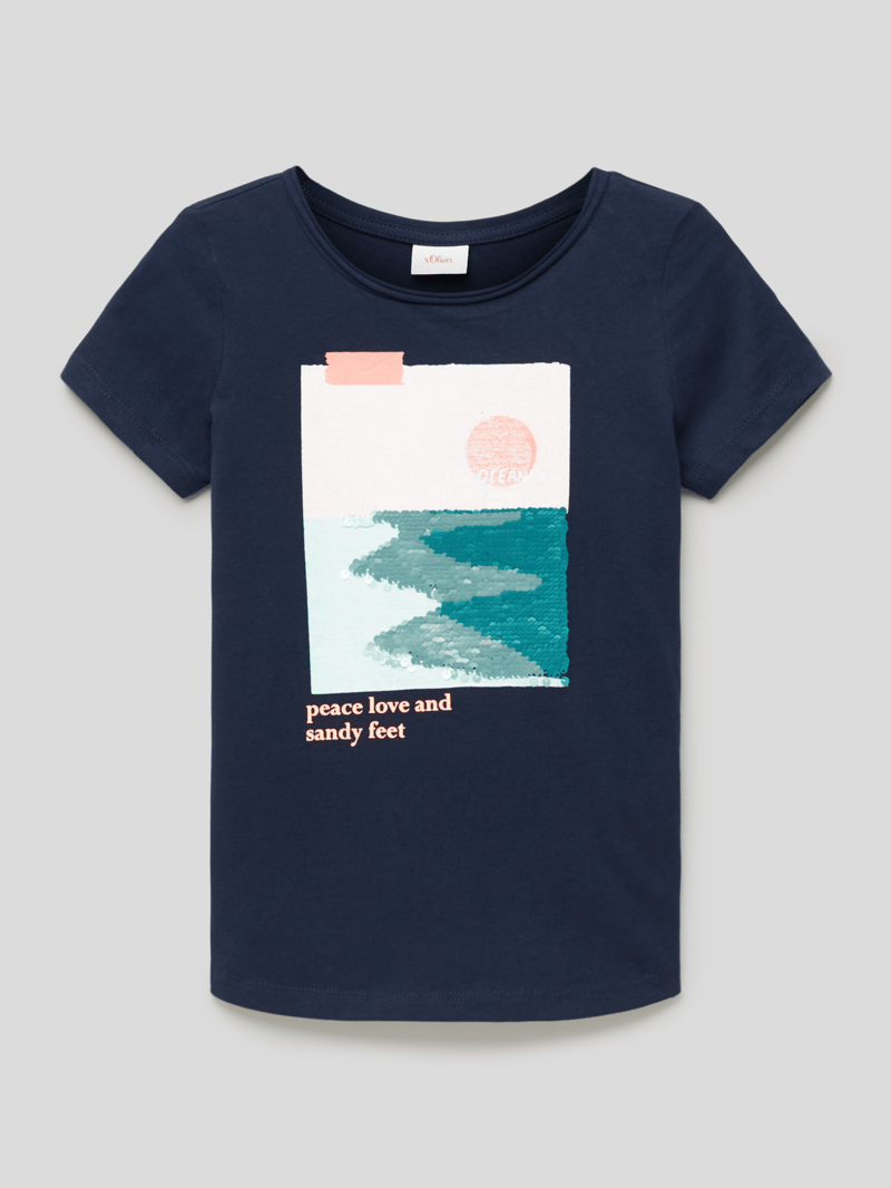 T-Shirt mit Applikation aus Pailletten in marineblau