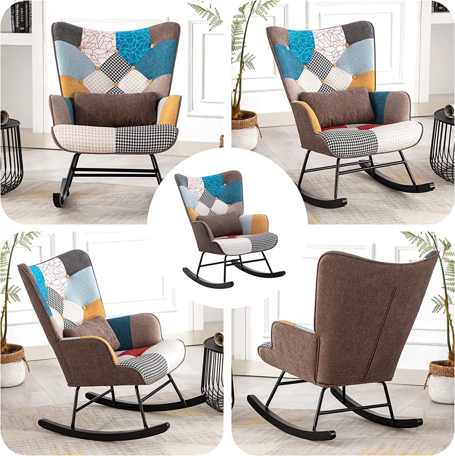 HomeMiYN Schaukelstuhl Schaukelstuhl Patchwork Sessel Schwingsessel Relaxstuhl Wohnzimmer, Aus holz
