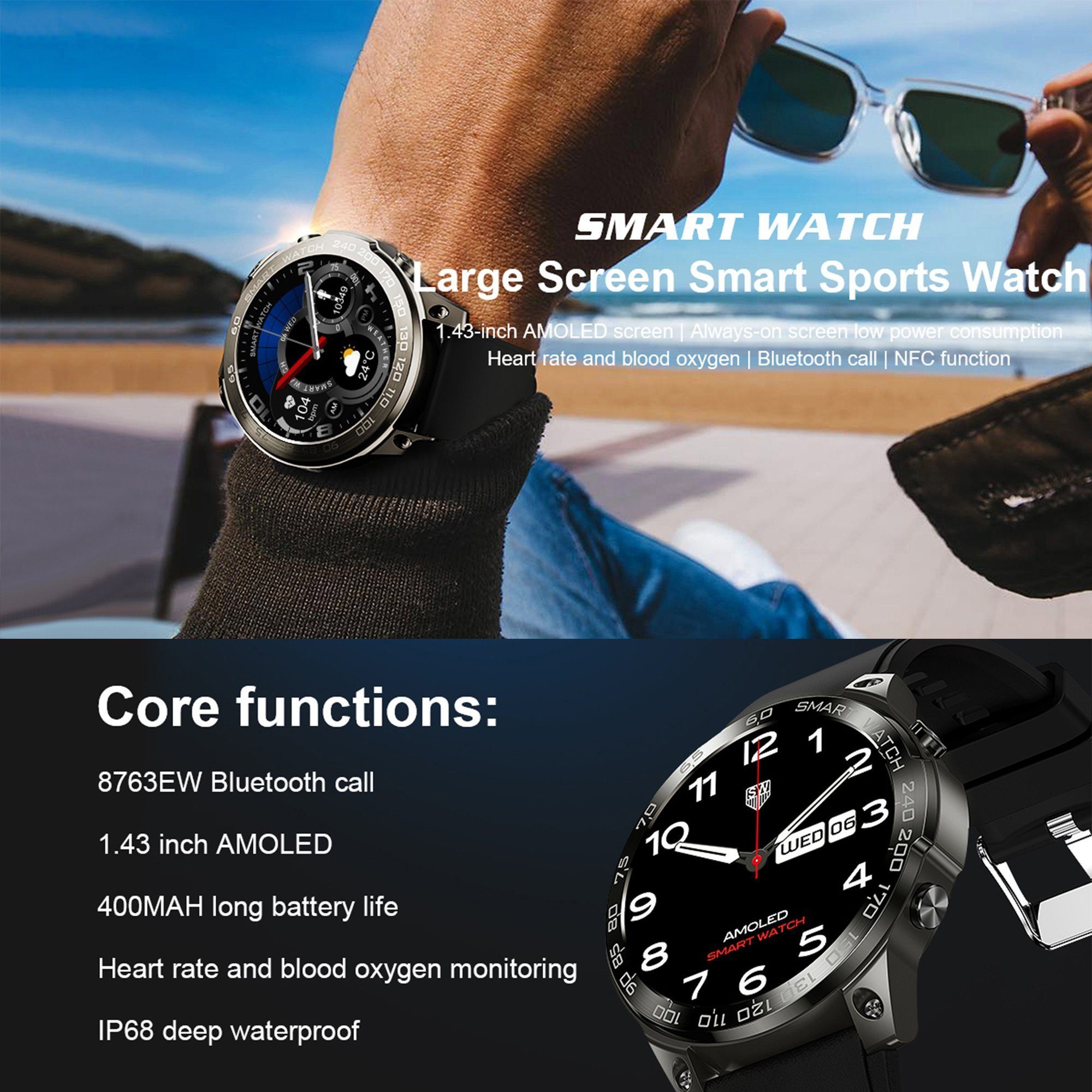 Mutoy Smartwatch, Fitness Tracker Uhr für Damen Herren Smartwatch (3.63 cm/1,43