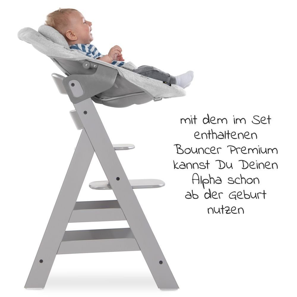 Hauck Hochstuhl Alpha Plus Grau XL Newborn Set (Set, 5 St), Babystuhl ab Geburt, Aufsatz für Neugeborene, Essbrett, Sitzauflage