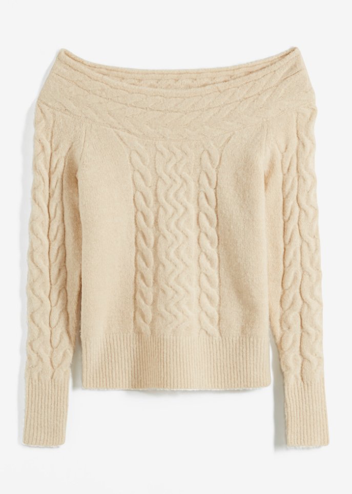 Carmen-Pullover mit Zopfmuster
