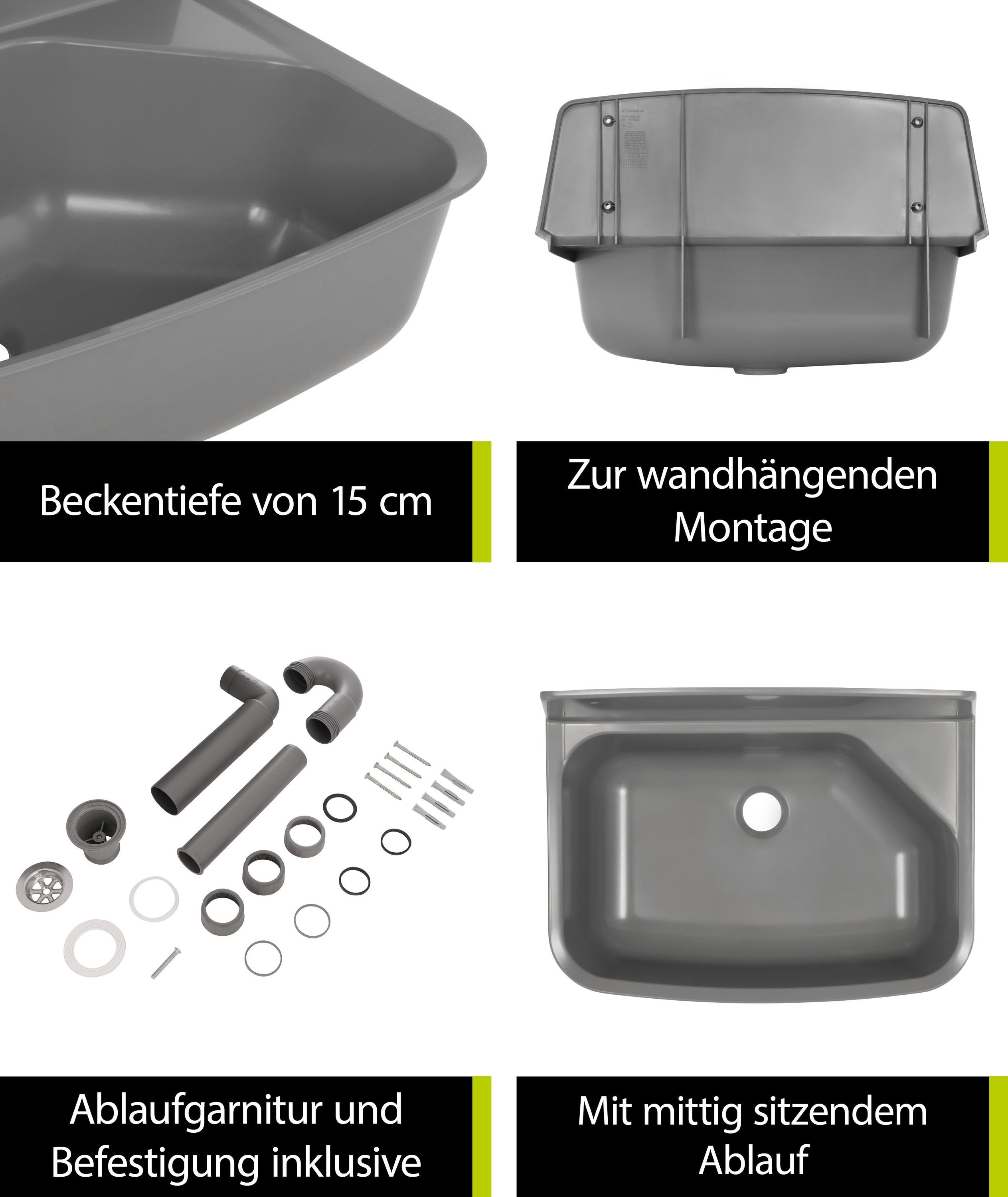 aquaSu Waschbecken Greena (Komplett-Set, mit Siphon, Edelstahl-Sieb, Spritzschutz, aus Deutschland), nachhaltig aus recyceltem Kunststoff, Produkt des Jahres DIY-Magazin