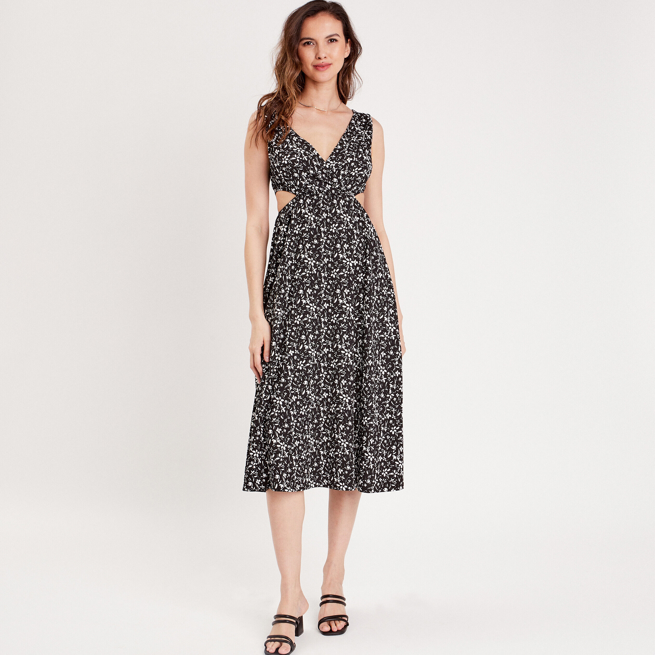 Robe midi évasée ouvertures noir femme | Cache Cache