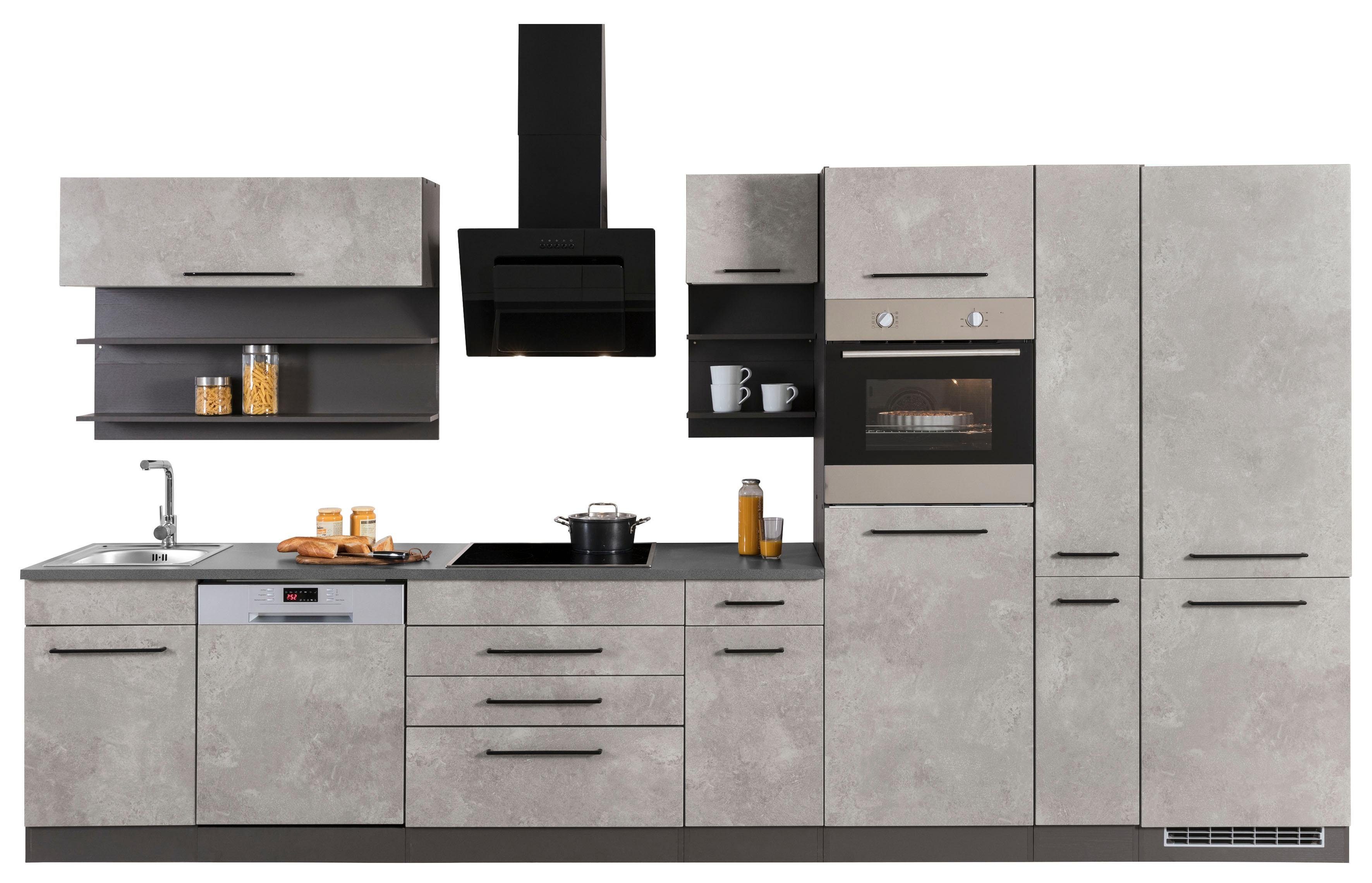 HELD MÖBEL Küchenzeile Tulsa, mit E-Geräten, Breite 380 cm, schwarze Metallgriffe, MDF Fronten
