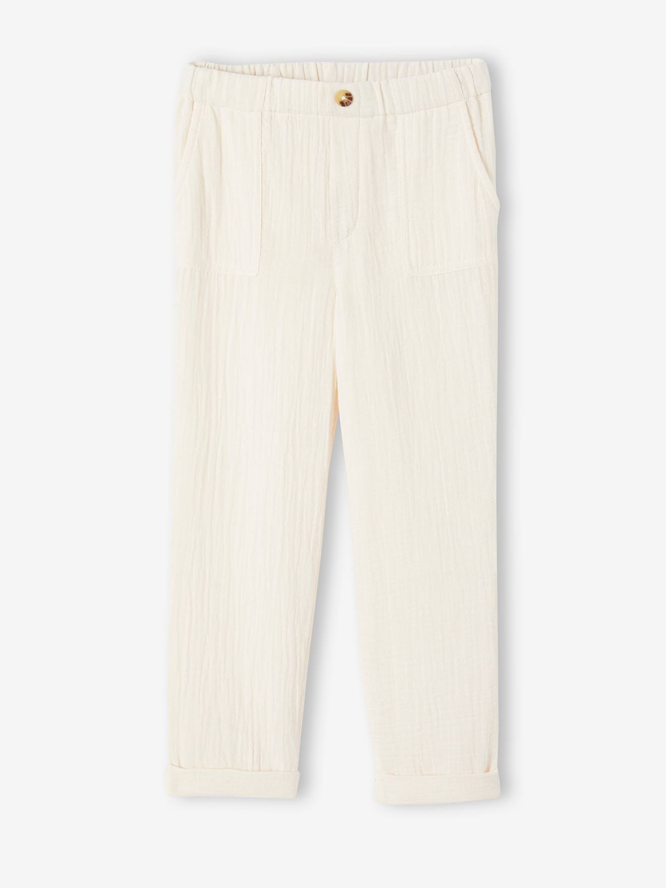 Vertbaudet Kinder Unisex Hose aus Musselin, Bio-Baumwolle - wollweiß