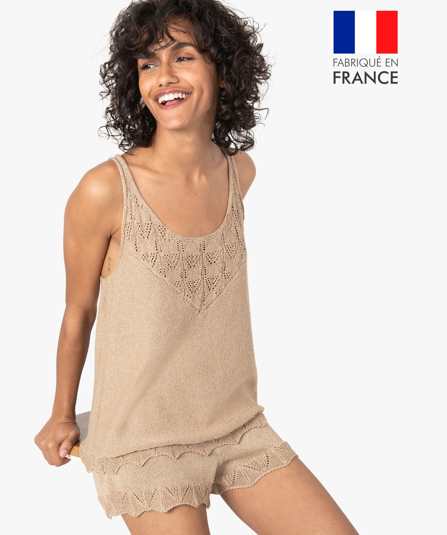 Débardeur femme pailleté en maille 3D innovante beige | GEMO