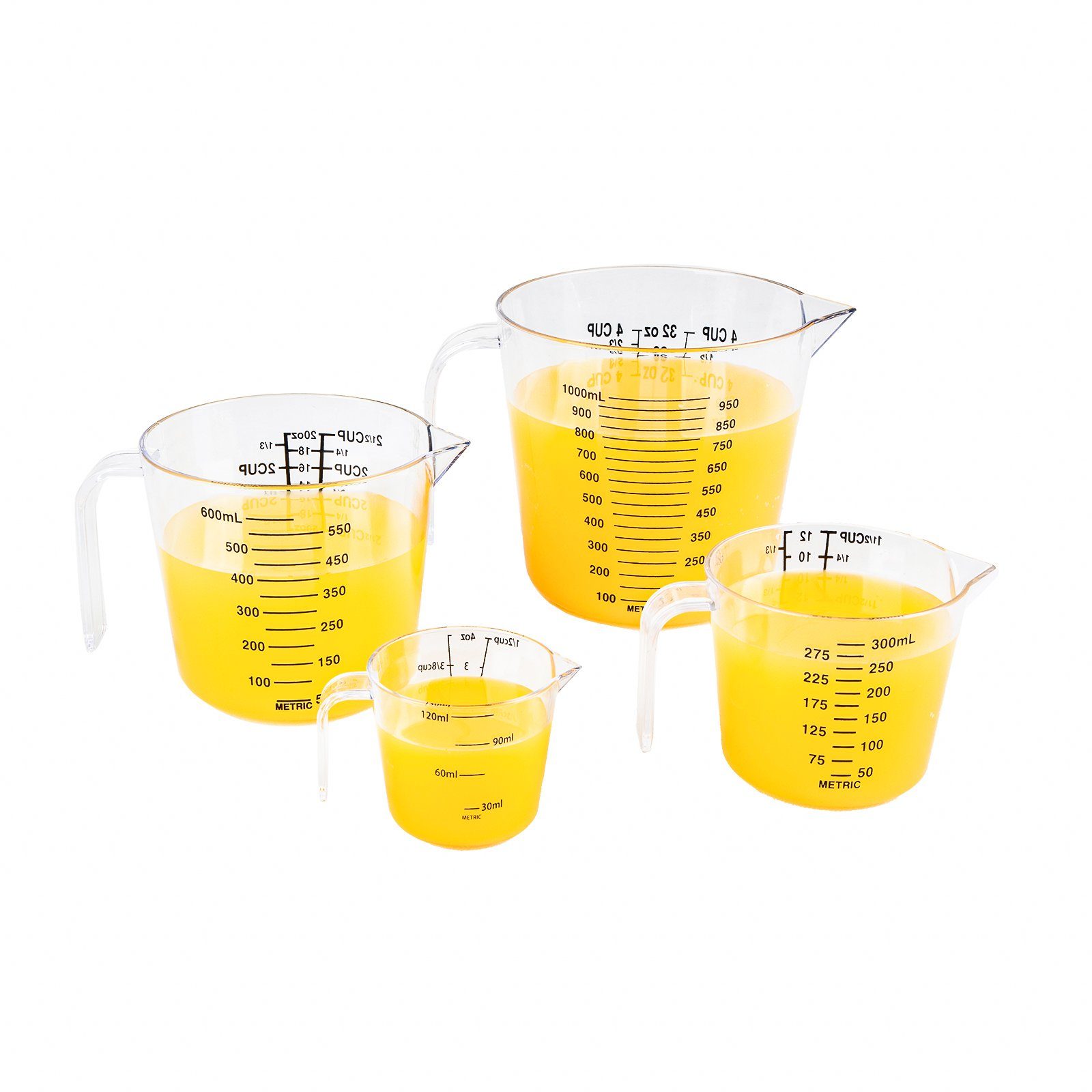 Plentyfy Messbecher Easy Measure 4, Kunststoff, (Set, bestehend aus 4 Meßbechern mit den Füllmengen 120ml, 300ml, 600ml, 1200ml mit den Messskalen Milliliter und Tassen, 4 Messbecher), Füllmengen 120ml, 300ml, 600ml, 1200ml mit den Messskalen