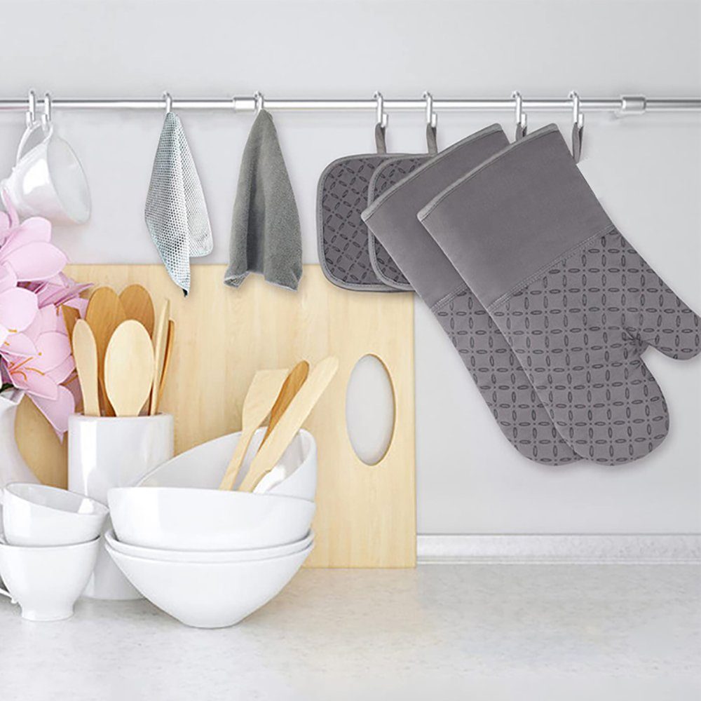 SCOKIT Topfhandschuhe 4er Set Hitzebeständig Topfhandschuhe, (Lange Backofen Handschuhe, Grau Baumwolle Backhandschuhe mit Rutschfestem Silikon Eingriff), Kochhandschuhe für Frauen Männer