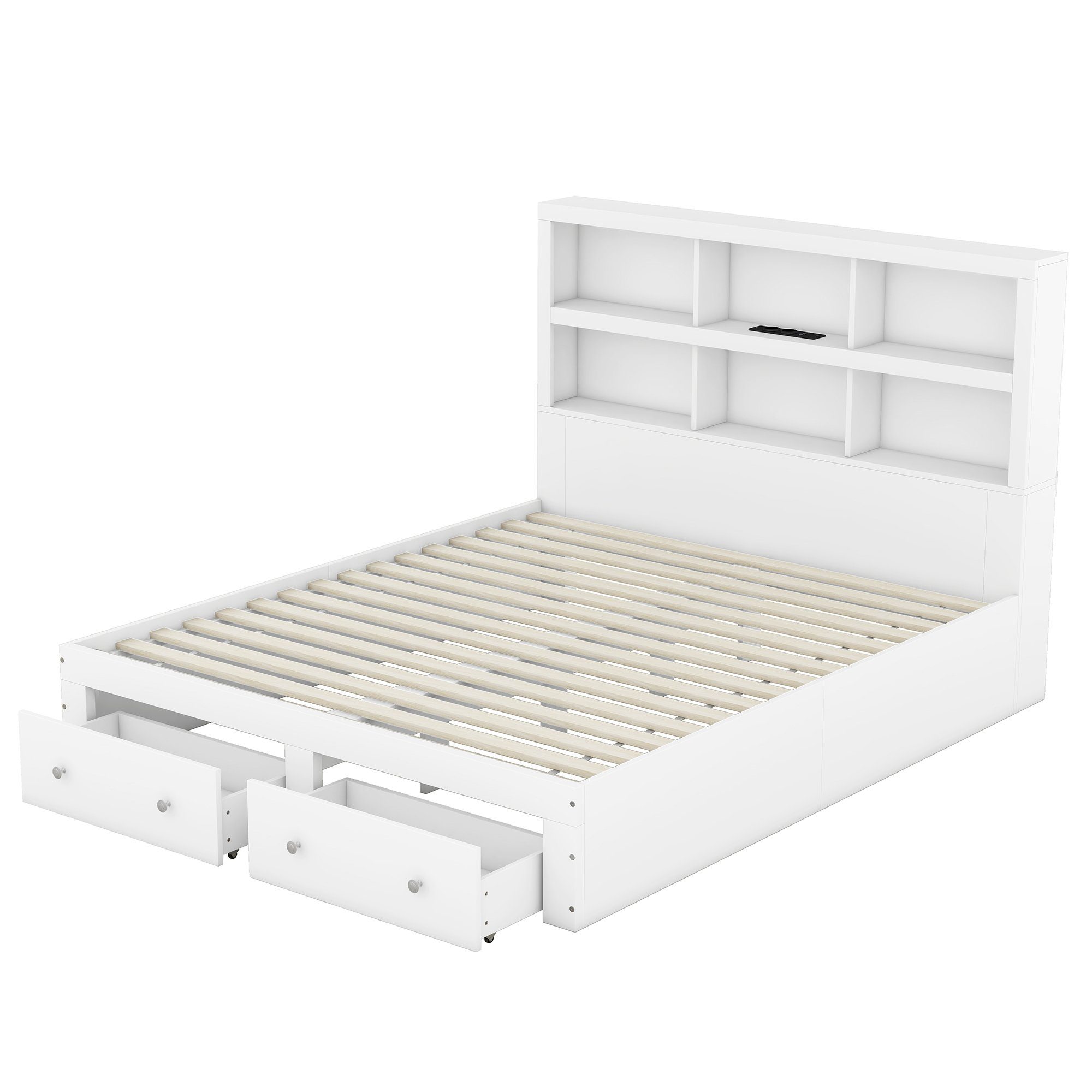 HAUSS SPLOE Holzbett Doppelbett Bettgestell Kinderbett Gästebett (Holzbett mit zwei Schubladen und Kopfteil mit Lagerregal), 160*200cm, Weiß